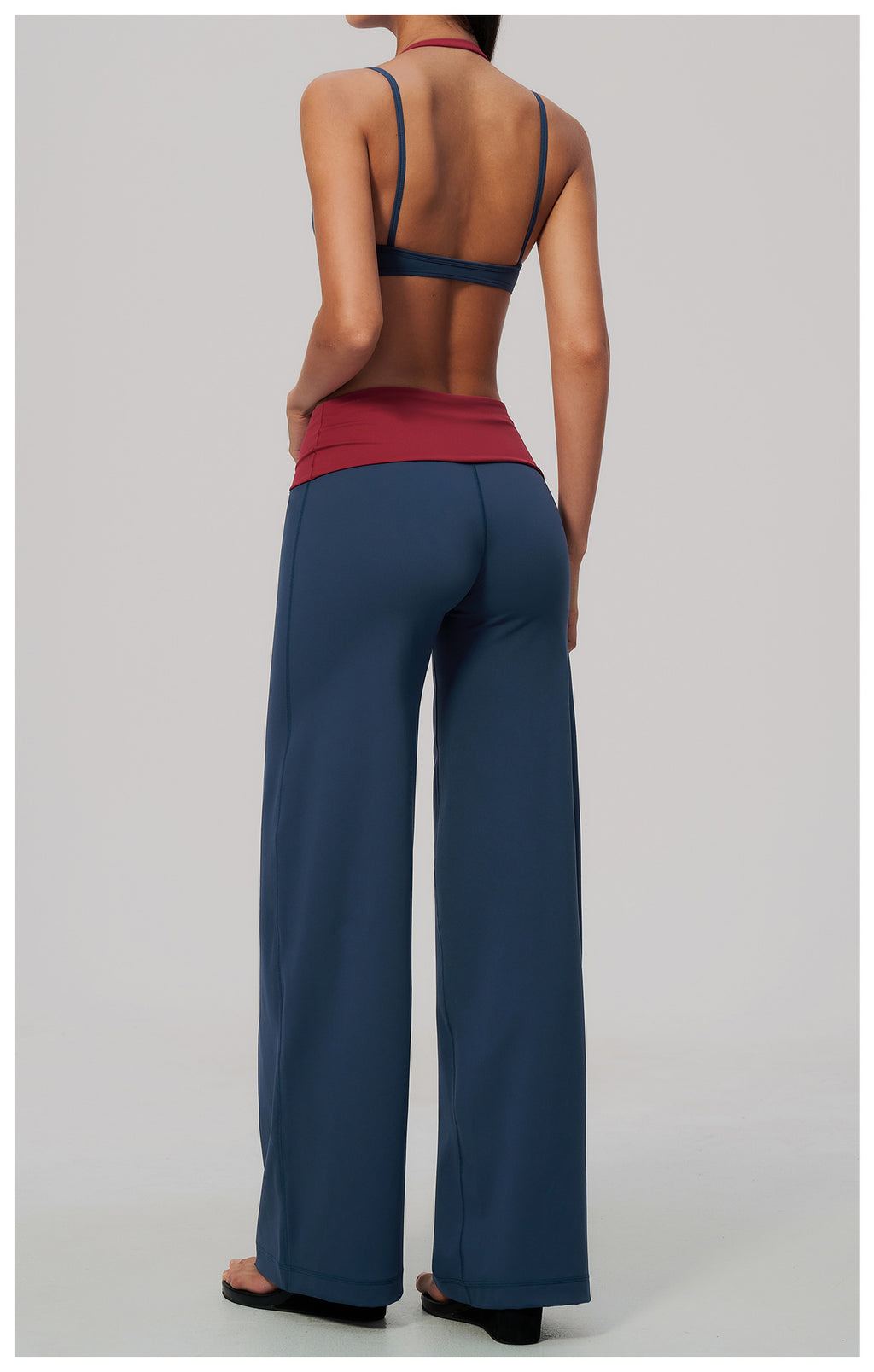 2 Piece Colorblock Double Strap Halter Sports Bra and Foldover Waist High-Rise Loose Wide Leg Yoga Pants Set
