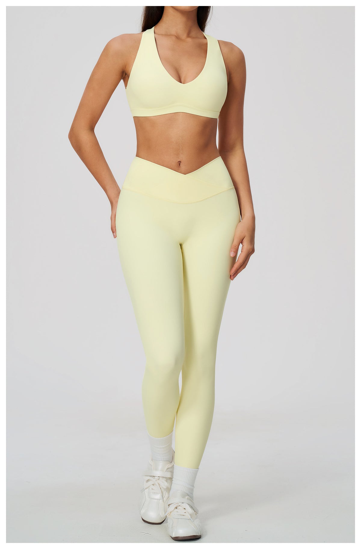 2 Piece Deep V-Neck Sports Bra and Cross Waist Yoga Leggings Set