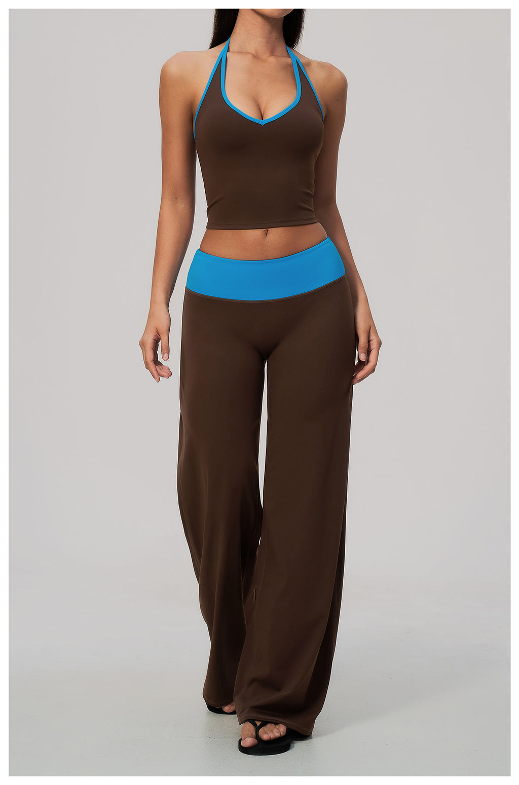 Women Two Piece Color Block Halter Yoga Set V Neck Crop Workout Top Wide Leg Yoga Pants