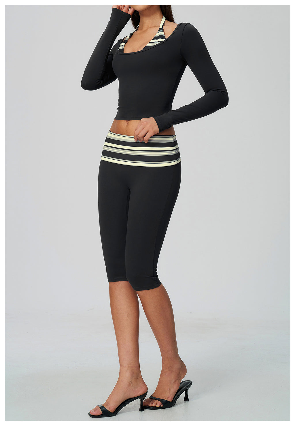 Women 2 Piece Yoga Set Halter Fake Two Piece Long Sleeve Yoga Top and Fold Over Striped Waist Capri Yoga Leggings
