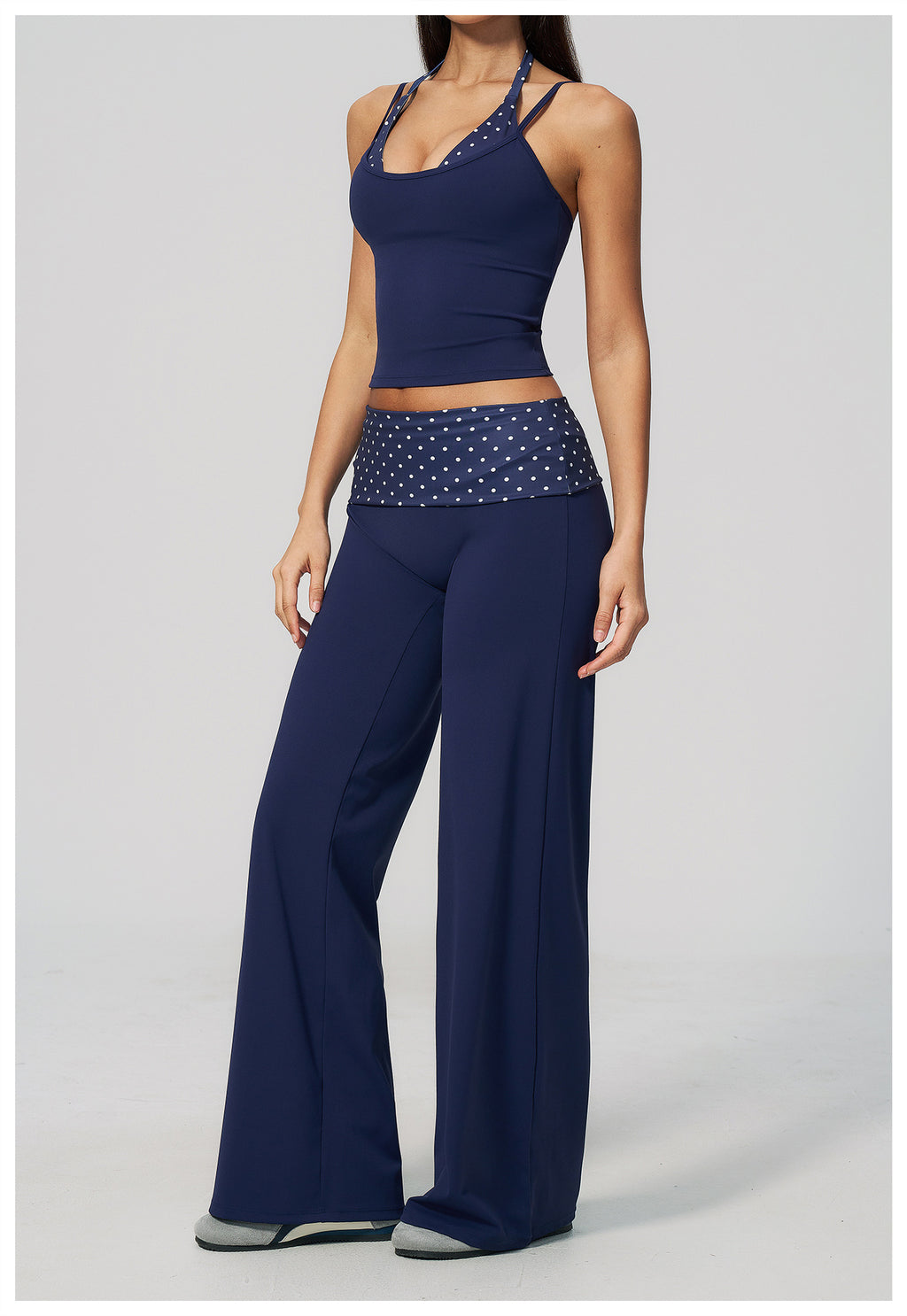 Women 2 Piece Yoga Set Halter Fake Two Piece Yoga Vest and Fold Over Striped Waist Wide Leg Workout Pants