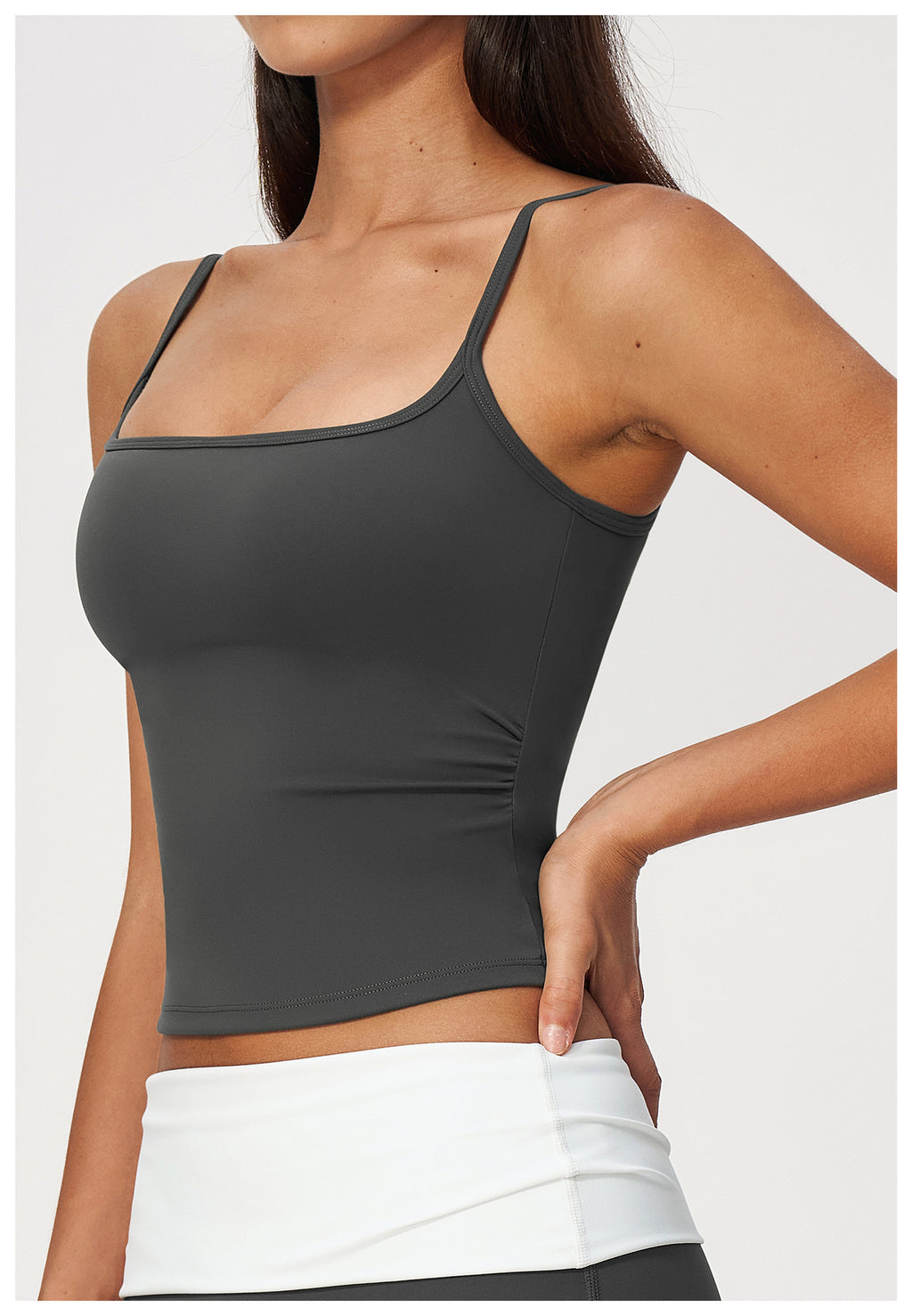 Women Square Neck Adjustable Strap Ruched Slim Fit Workout Yoga Vest with Chest Pad
