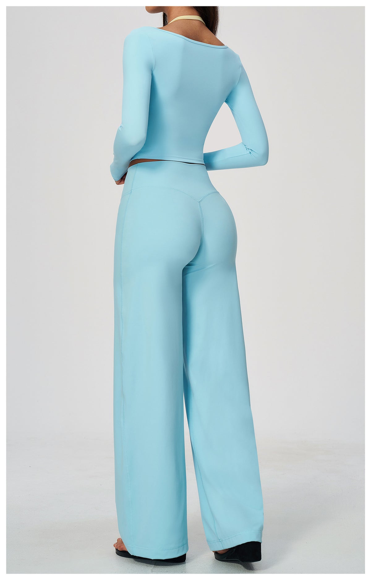 2 Piece Colorblock Double Strap Halter Long Sleeve Cropped Fitness Yoga Top and High Waisted Loose Fit Wide Leg Yoga Pants Set