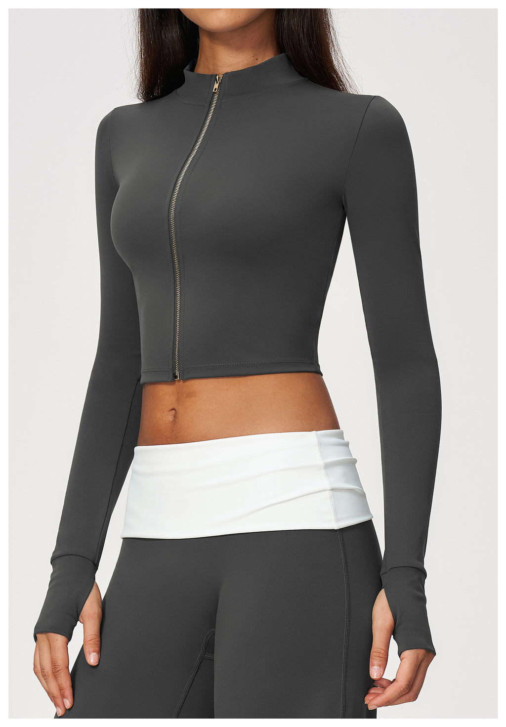 Women Stand Collar Full Zip Cropped Running Yoga Workout Jacket with Thumb Holes