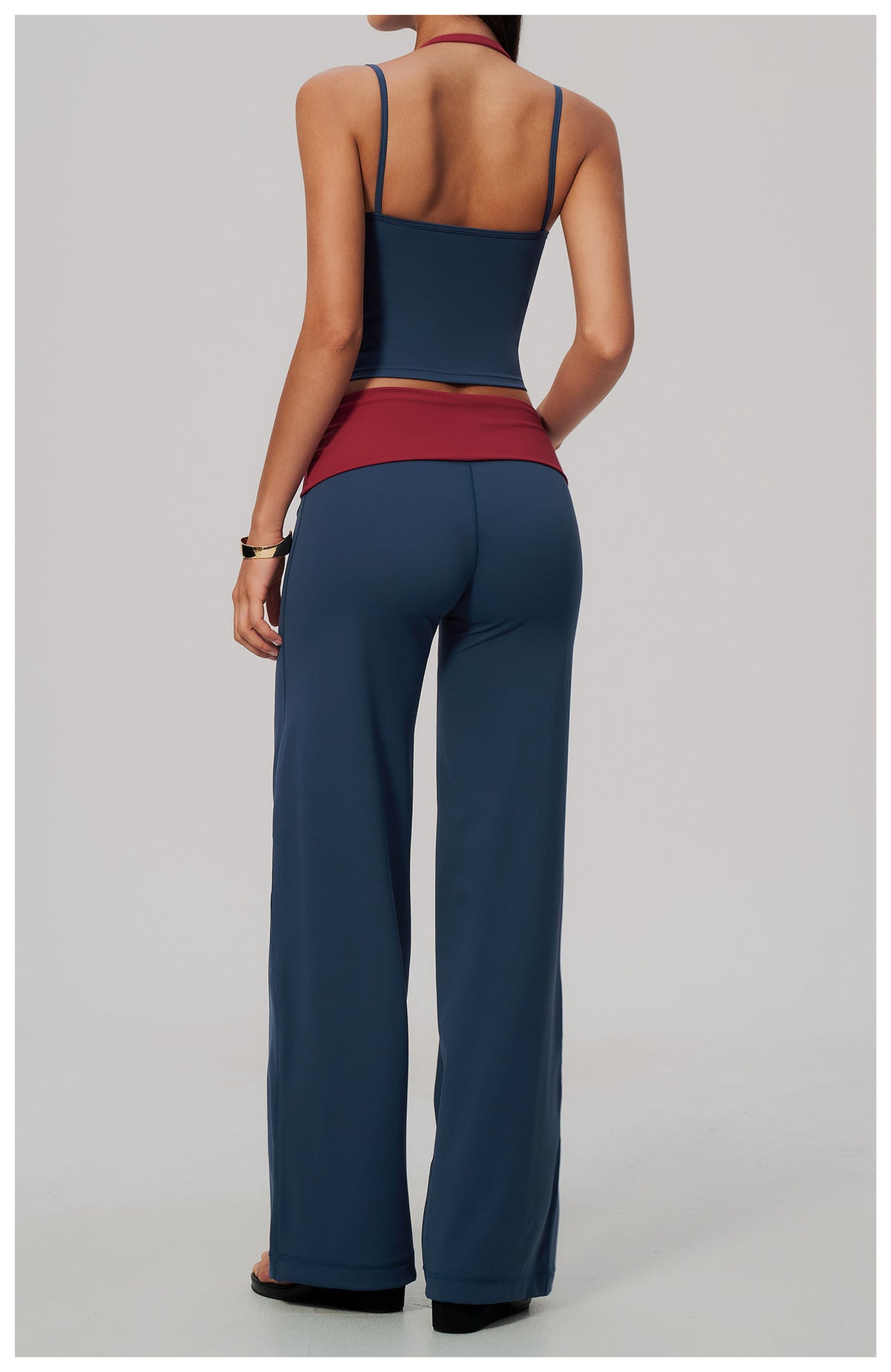 2 Piece Colorblock Double Strap Halter Yoga Vest and Foldover Waist High-Rise Loose Wide Leg Yoga Pants Set