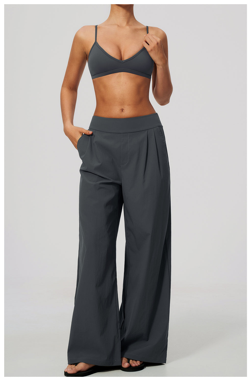 2 Piece Set Women V Neck Twist Back Adjustable Spaghetti Straps Sports Bra and High Waist Loose Casual Sports Wide Leg Pants
