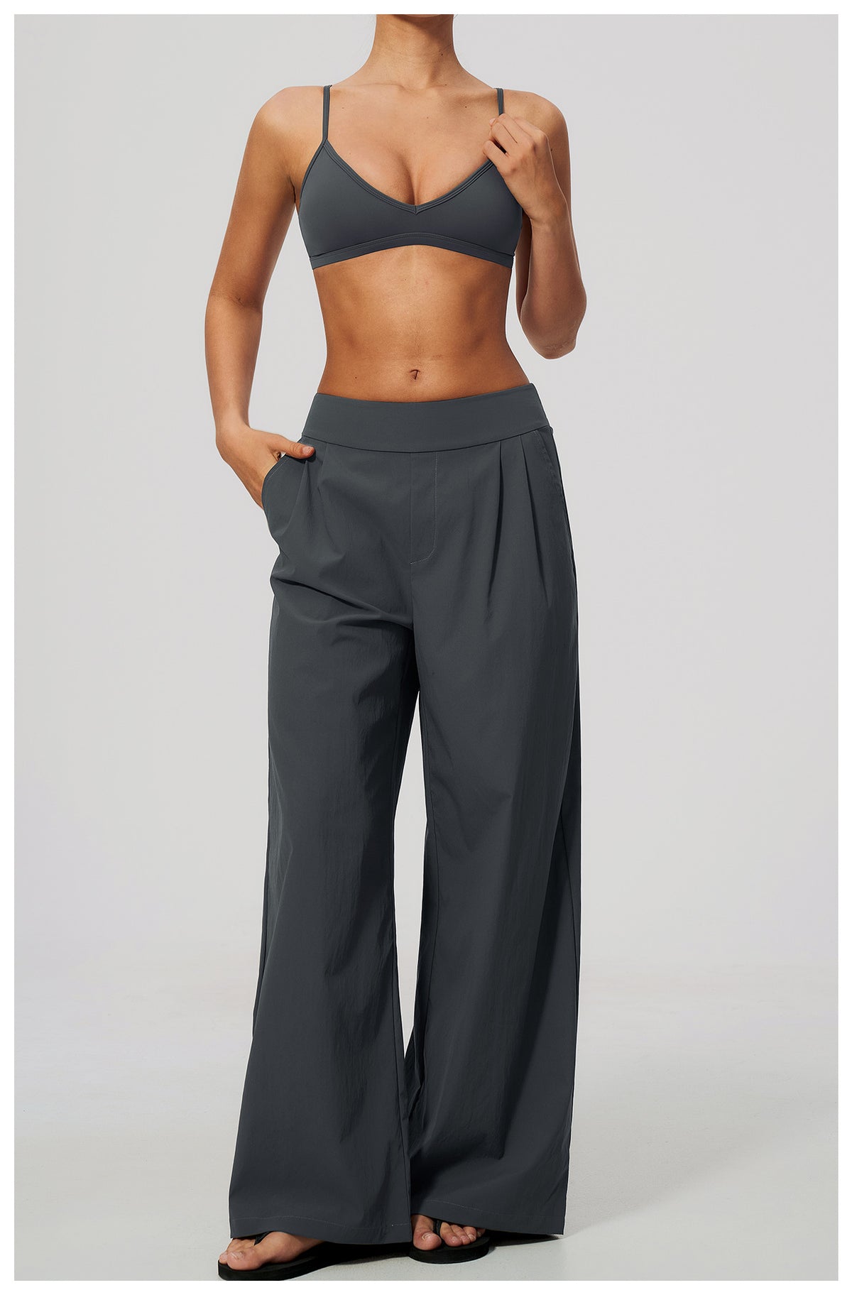 2 Piece Set Women V Neck Twist Back Adjustable Spaghetti Straps Sports Bra and High Waist Loose Casual Sports Wide Leg Pants
