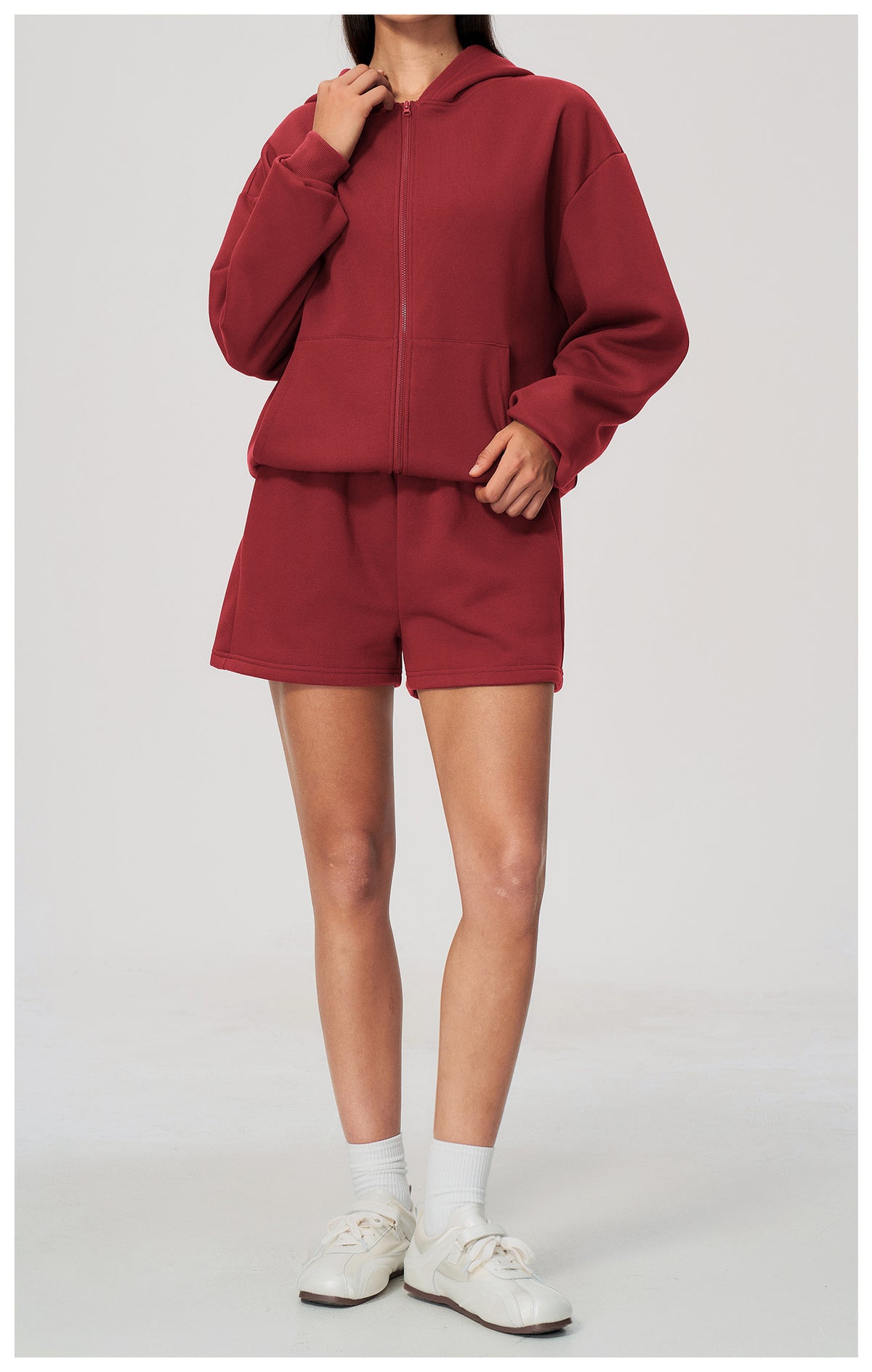 Women 2 Piece Fall Winter Tracksuits Fleece Lined Full Zip Oversized Hooded Jacket and Drawstring Waist Loose Sweat Shorts with Pocket