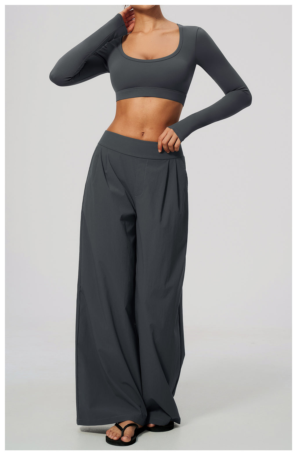 2 Piece Set Women U Neck Long Sleeve Short Workout Top with Removable Padded and High Waist Loose Casual Sports Wide Leg Pants