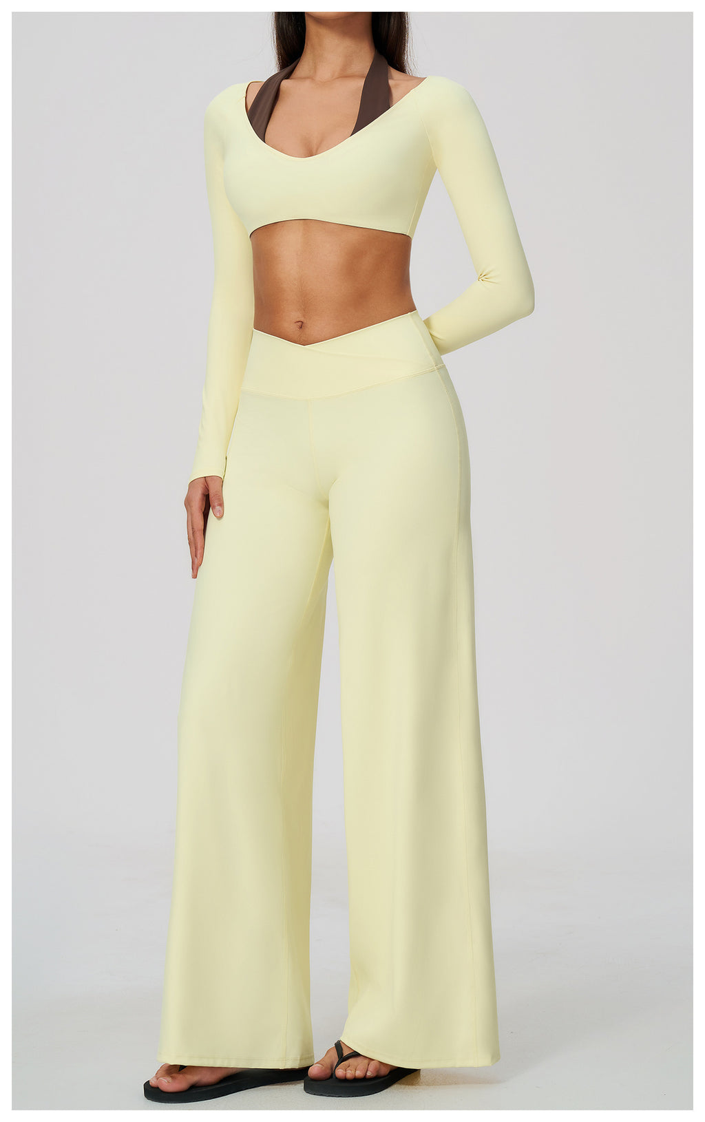2 Piece Colorblock Halter Long Sleeve Cropped Yoga Top and Cross Waist Wide Leg Yoga Pants Set