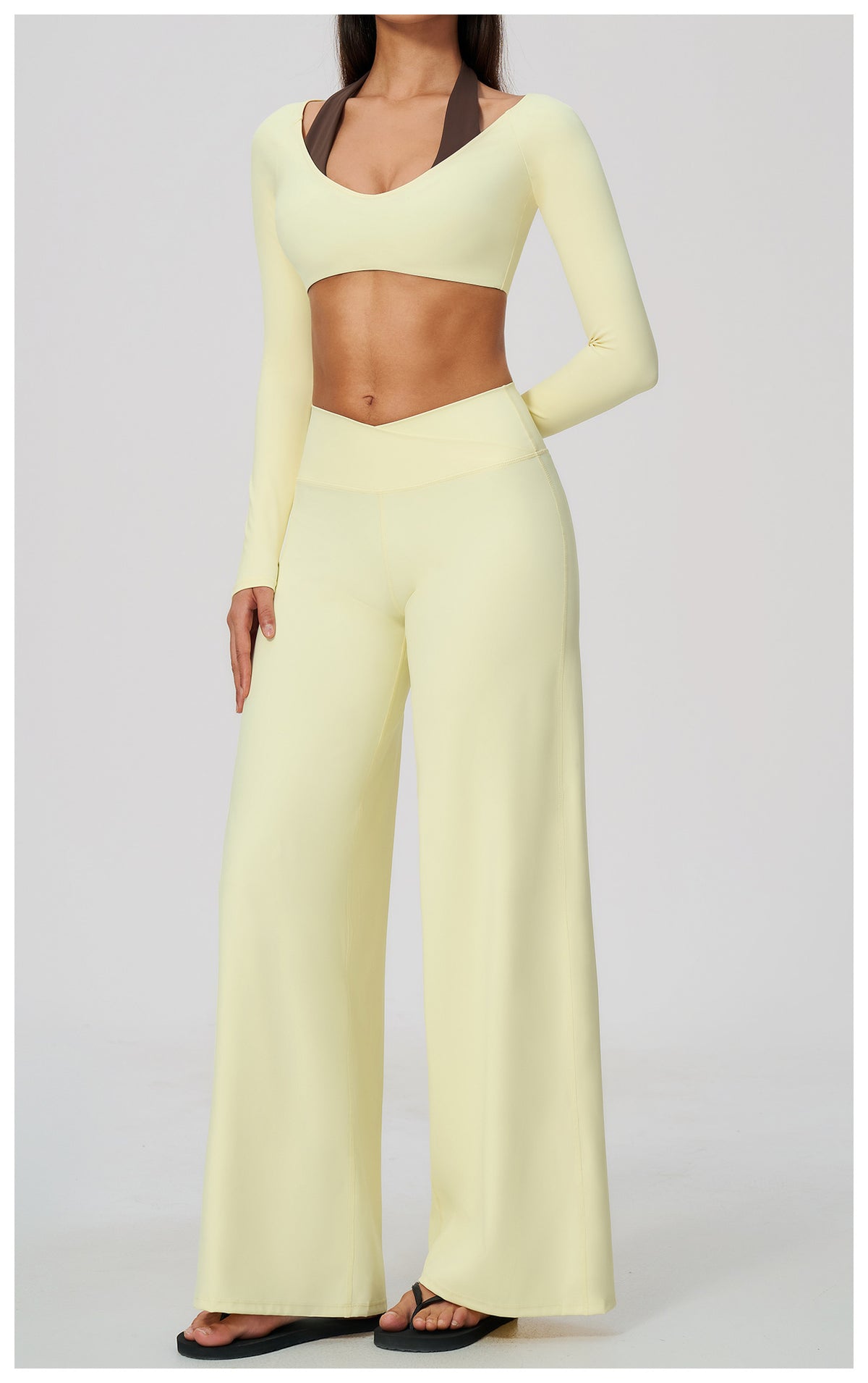 2 Piece Colorblock Halter Long Sleeve Cropped Yoga Top and Cross Waist Wide Leg Yoga Pants Set