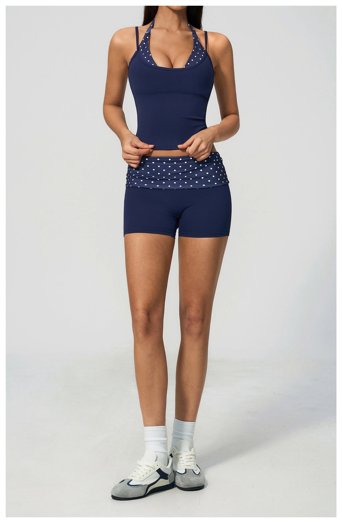 Women 2 Piece Yoga Set Halter Fake Two Piece Yoga Vest and Fold Over Striped Waist Biker Shorts