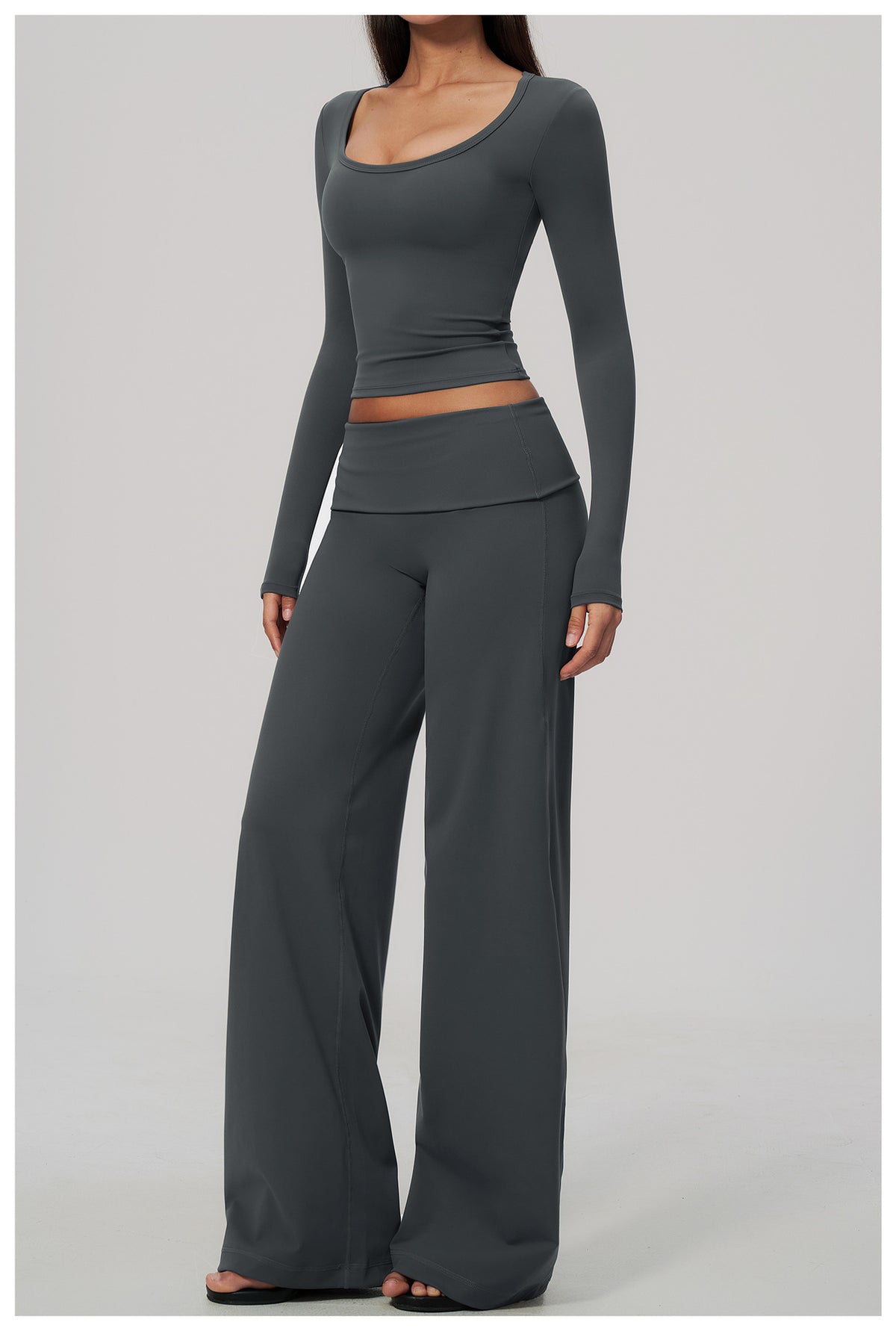 2 Piece Activewear Set U Neck Long Sleeve Crop Yoga Top with Removable Padded and High Waist Wide Leg Yoga Pants