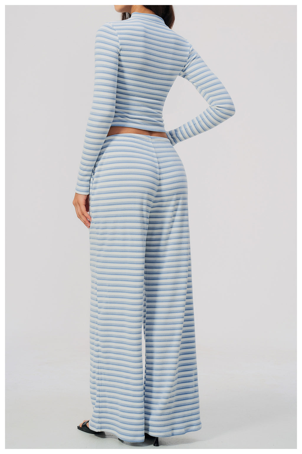 2 Piece Workout Loungewear Set Women Ribbed Striped Stand Collar Long Sleeve Cropped Zip up Jacket and Elastic Drawstring Waist Wide Leg Pants with Pocket