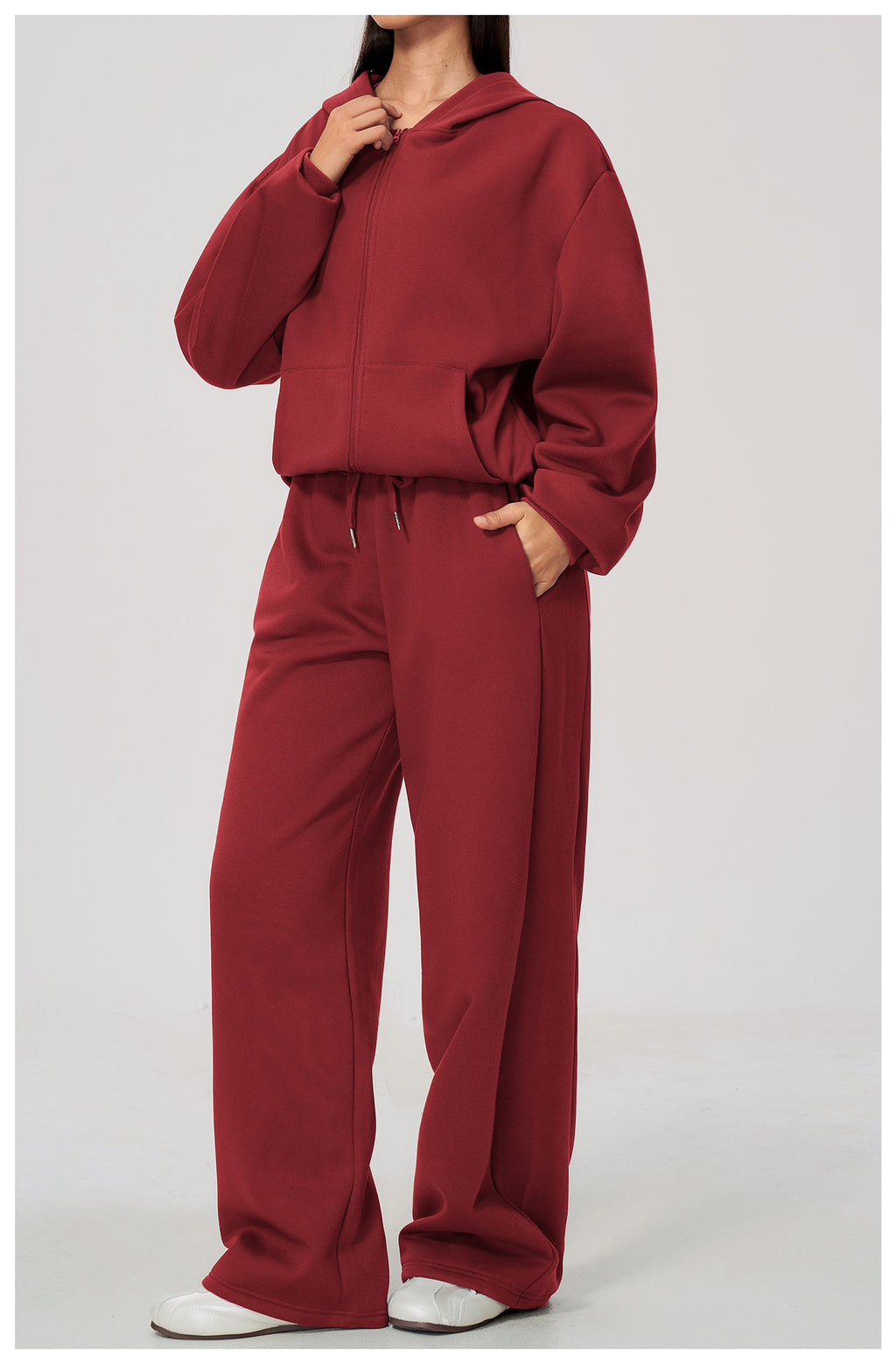 Women 2 Piece Fall Winter Tracksuits Fleece Lined Full Zip Oversized Hooded Jacket and Drawstring Waist Wide Leg Sweatpants with Side Pockets