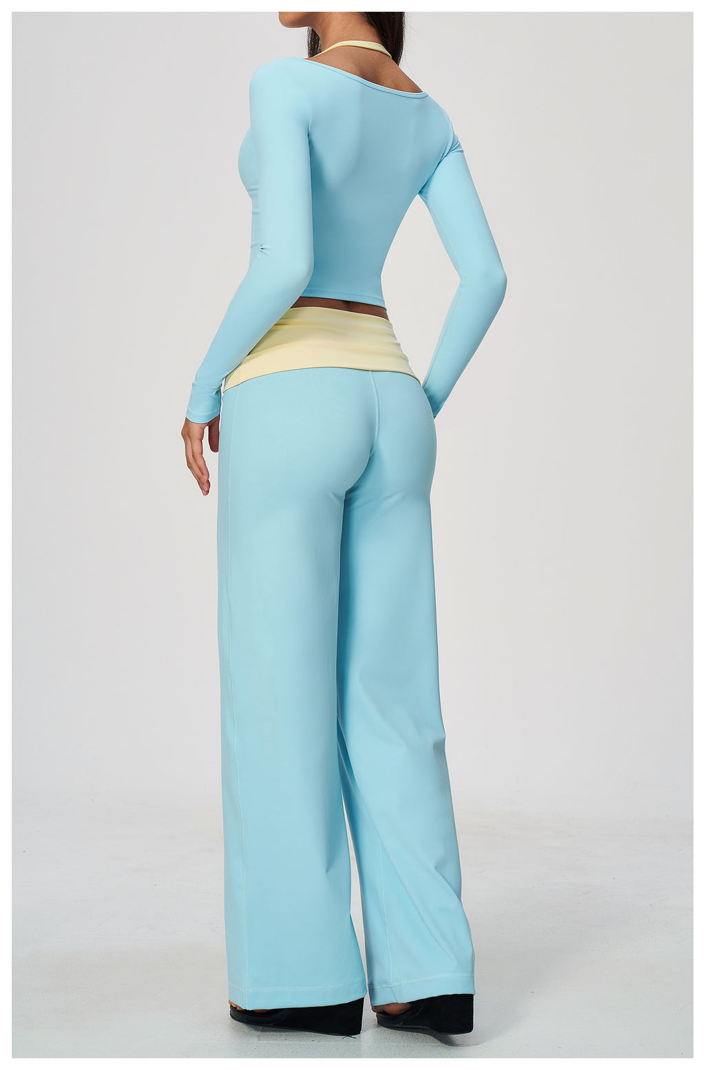 2 Piece Colorblock Double Strap Halter Long Sleeve Cropped Fitness Yoga Top and Foldover Waist High-Rise Loose Wide Leg Yoga Pants Set