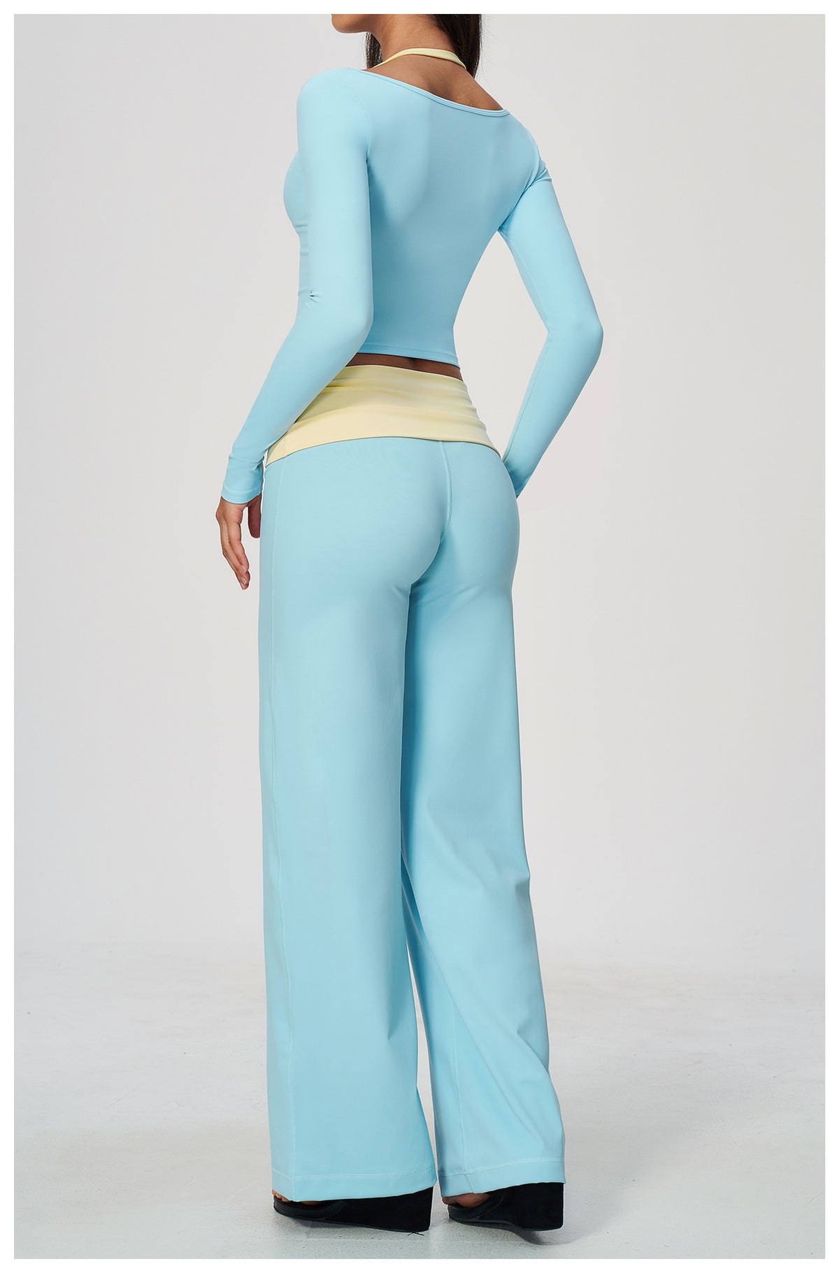 2 Piece Colorblock Double Strap Halter Long Sleeve Cropped Fitness Yoga Top and Foldover Waist High-Rise Loose Wide Leg Yoga Pants Set