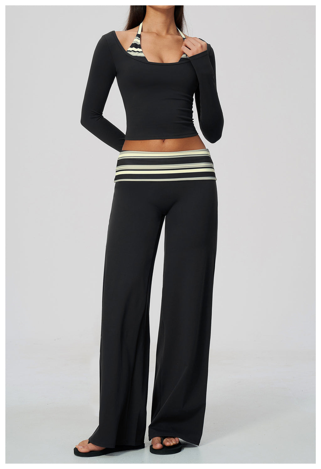 Women 2 Piece Yoga Set Halter Fake Two Piece Long Sleeve Yoga Top and Fold Over Striped Waist Wide Leg Workout Pants