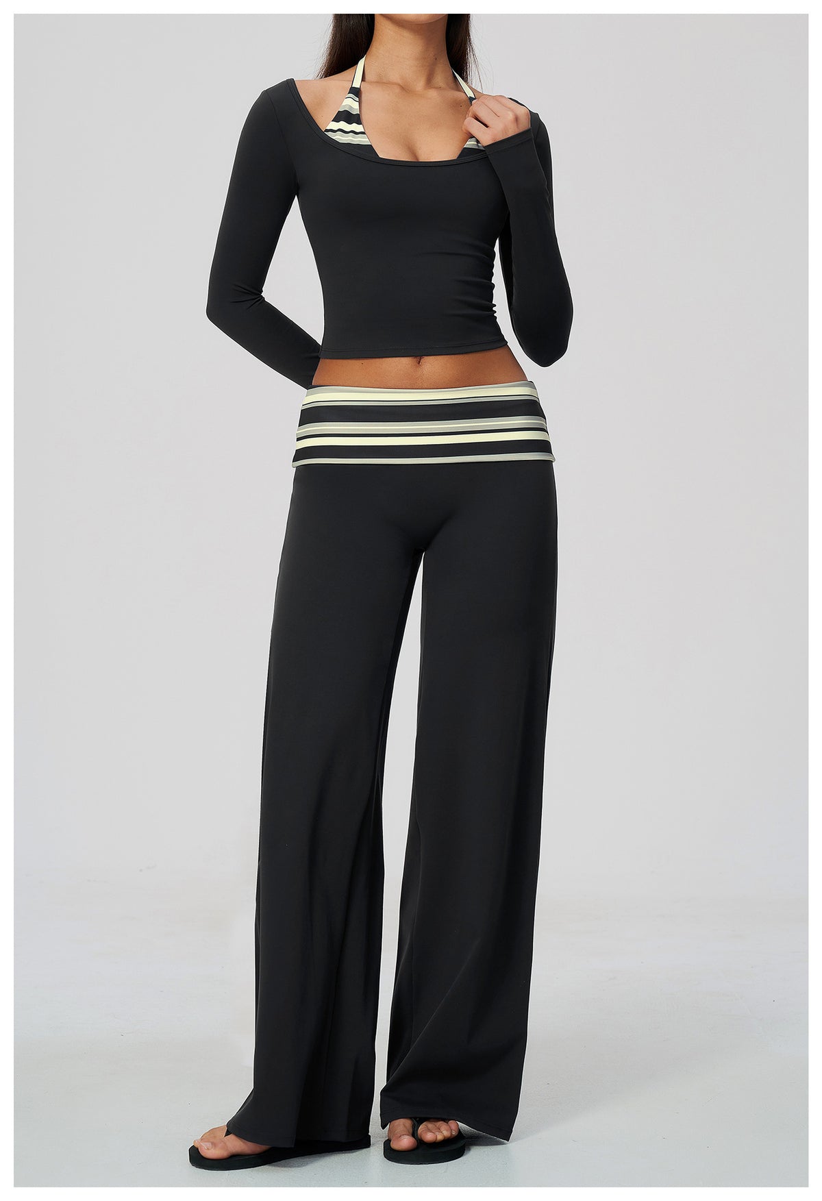 Women 2 Piece Yoga Set Halter Fake Two Piece Long Sleeve Yoga Top and Fold Over Striped Waist Wide Leg Workout Pants