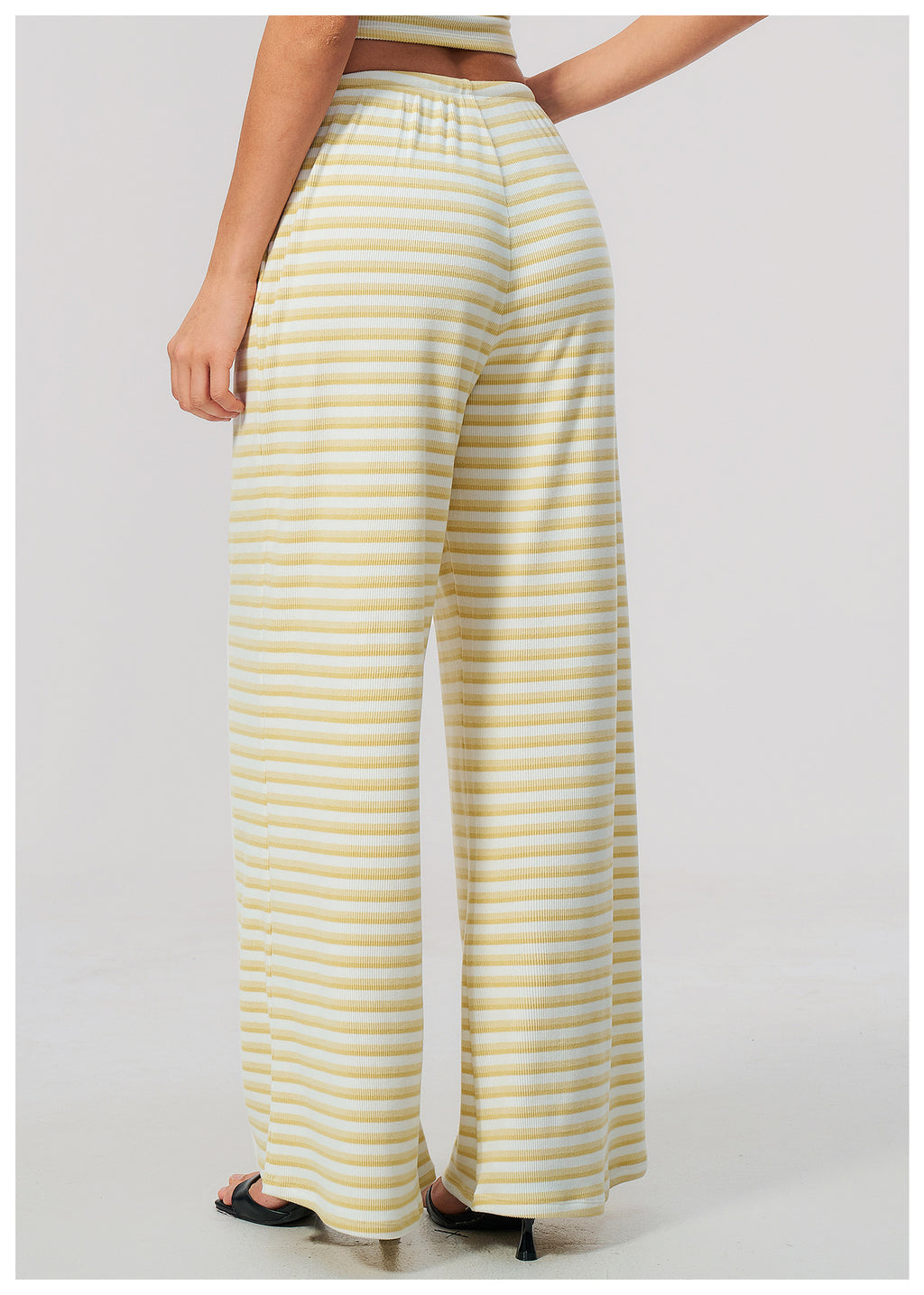 Women Ribbed Striped Wide Leg Pants Elastic Drawstring Waist Casual Loose Trousers With Pockets