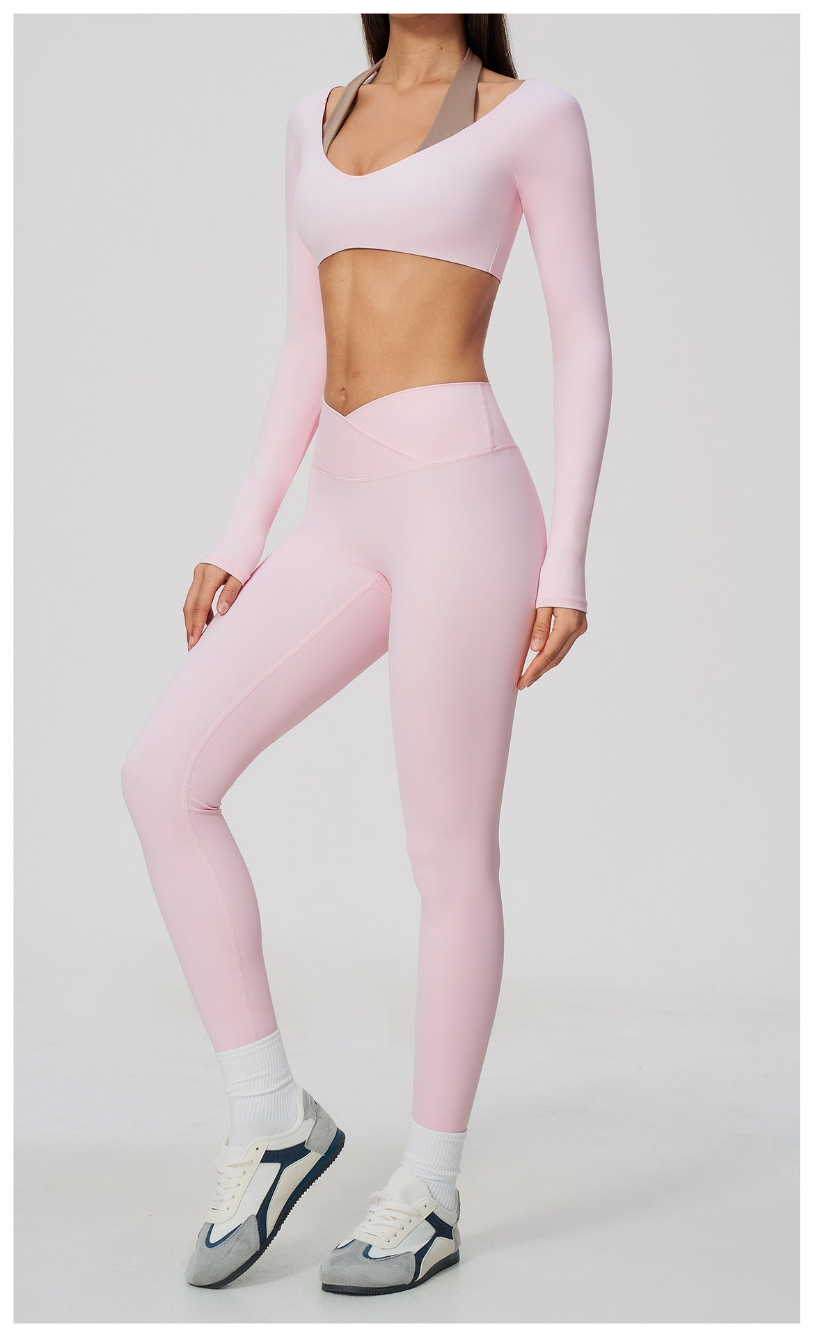 2 Piece Colorblock Halter Long Sleeve Cropped Yoga Top and Cross Waist Yoga Leggings Set