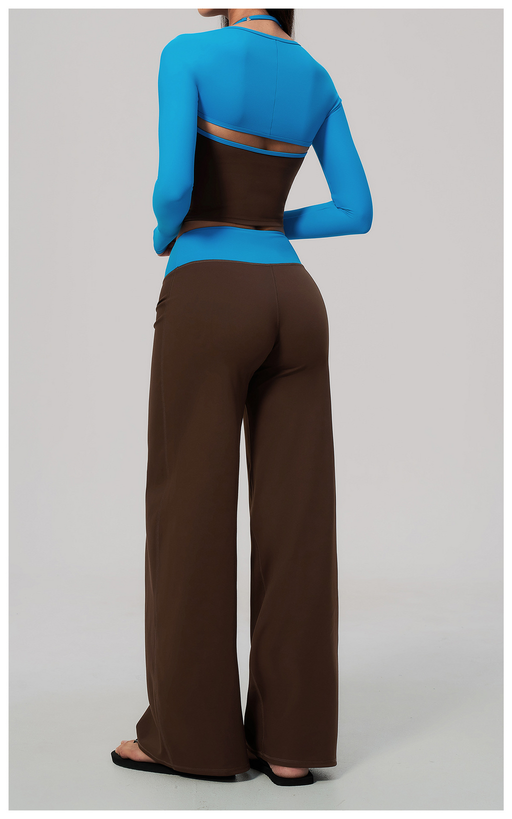Women 3 Piece Contrast Color Halter Neck Yoga Set Long Sleeve Shrug V Neck Yoga Vest Wide Leg Pants