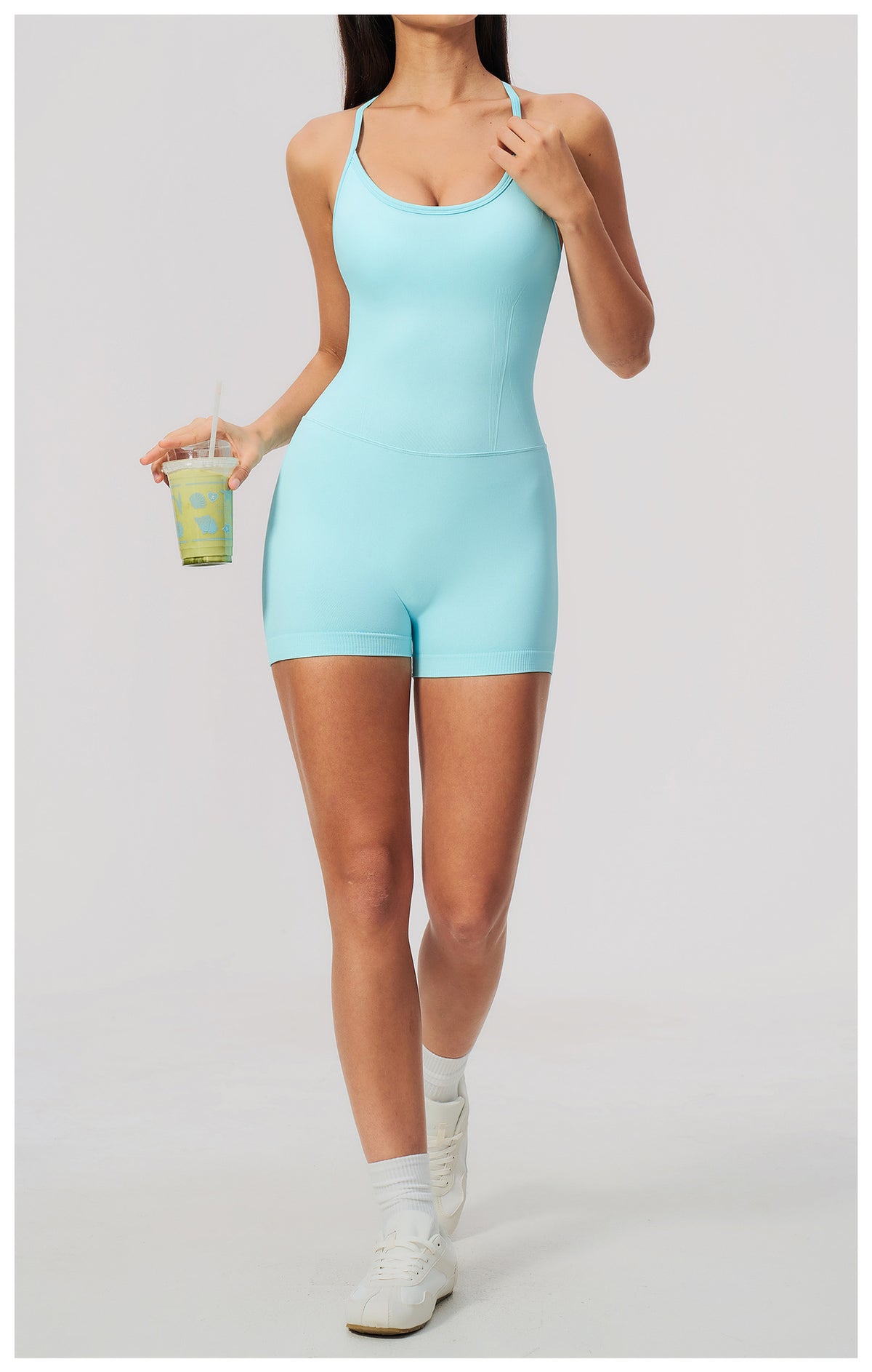 Women Seamless Yoga Romper Y-Back Spaghetti Strap Workout Bodysuit Tummy Control Butt Lifter Short Jumpsuit for Gym Fitness