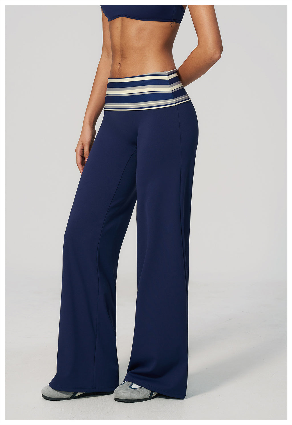 Women Fold Over Striped Waist Flare Yoga Pants High Waist Bootcut Workout Pants
