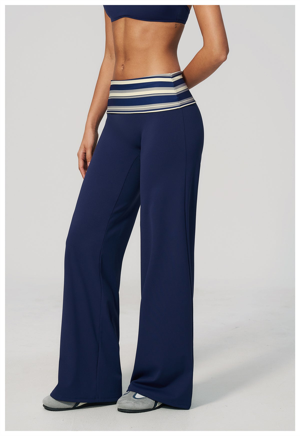 Women Fold Over Striped Waist Flare Yoga Pants High Waist Bootcut Workout Pants