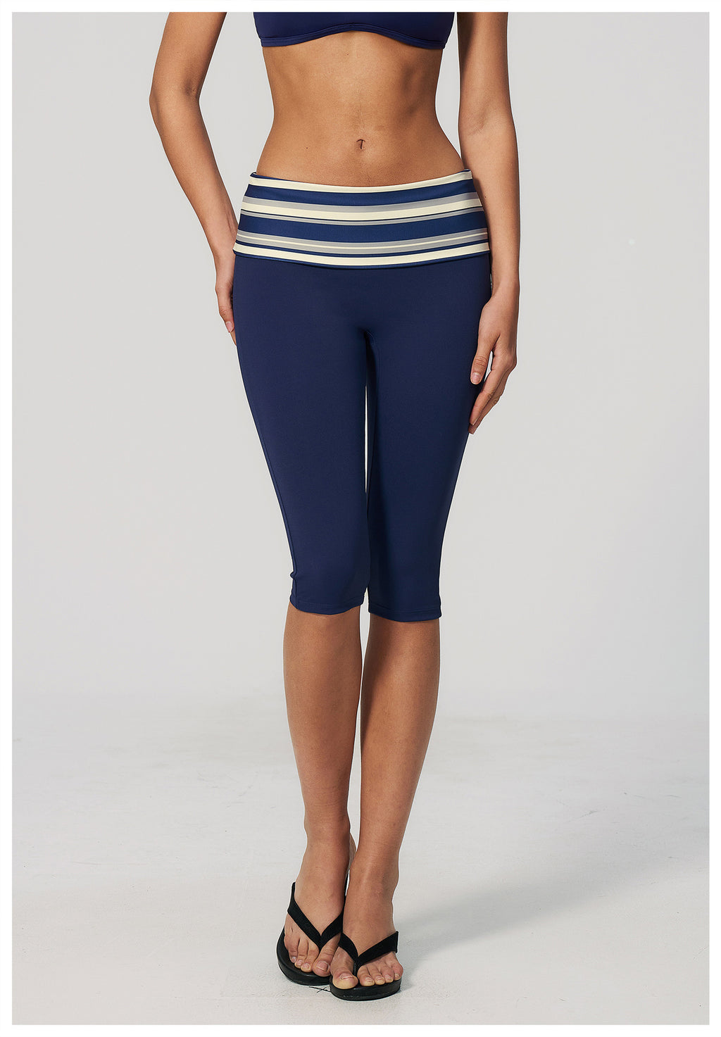 Women Fold Over Striped Waist Capri Yoga Pants High Waist Workout Capris Leggings