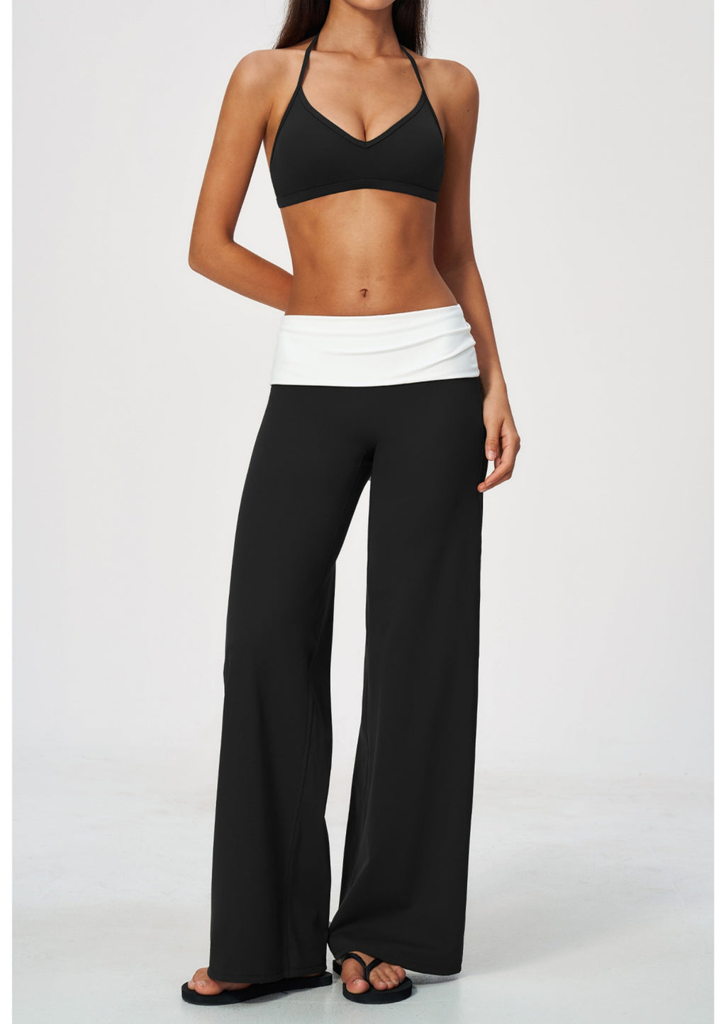 2 Piece Set Deep V-Neck Halter Thin Strap Backless Sports Bra and ColorBlock High Waisted Wide Leg Yoga Athletic Pants