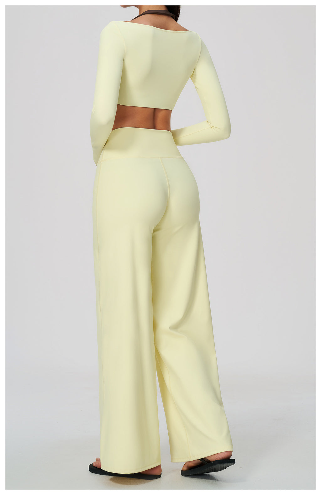 2 Piece Colorblock Halter Long Sleeve Cropped Yoga Top and Cross Waist Wide Leg Yoga Pants Set