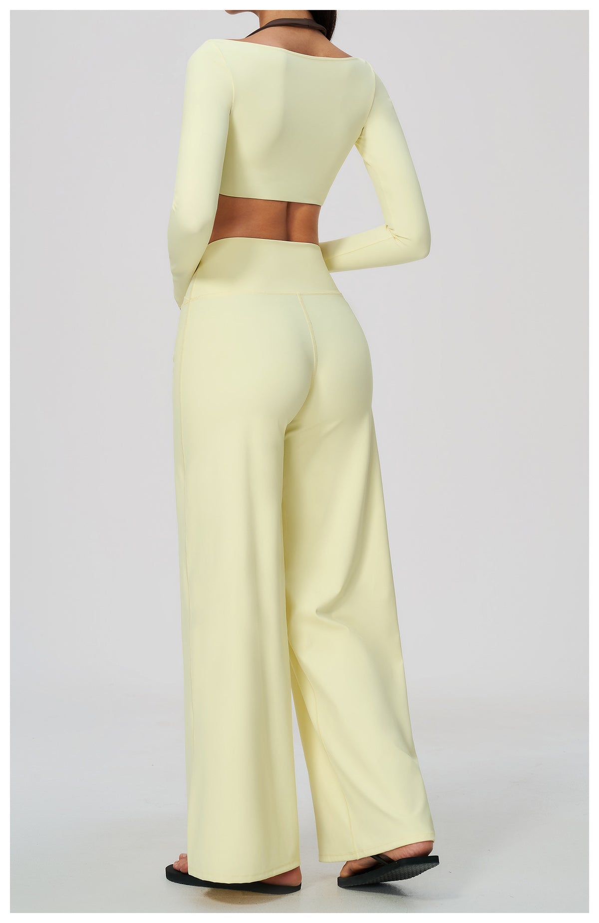 2 Piece Colorblock Halter Long Sleeve Cropped Yoga Top and Cross Waist Wide Leg Yoga Pants Set