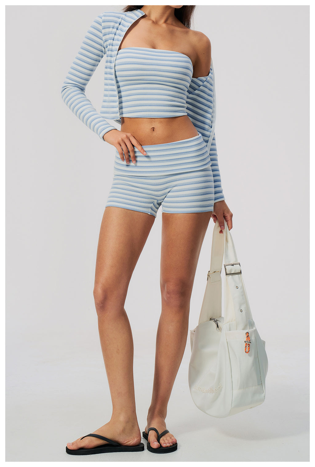 3 Piece Striped Yoga Set Long Sleeve Zip up Jacket Strapless Soft Tube Top Fold Over High Waist Yoga Biker Shorts Workout Outfit Gym Running Sports Activewear Set