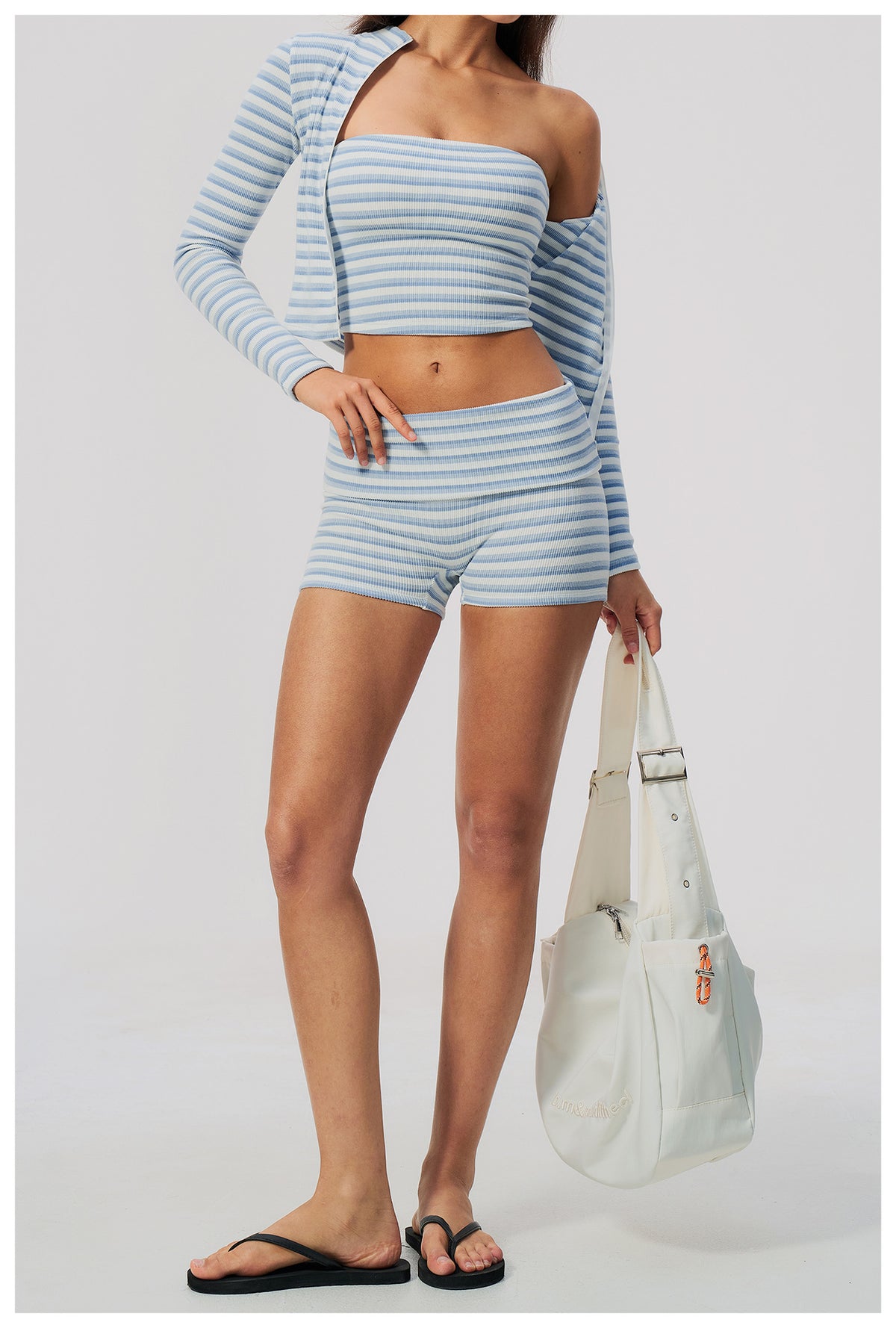 3 Piece Striped Yoga Set Long Sleeve Zip up Jacket Strapless Soft Tube Top Fold Over High Waist Yoga Biker Shorts Workout Outfit Gym Running Sports Activewear Set