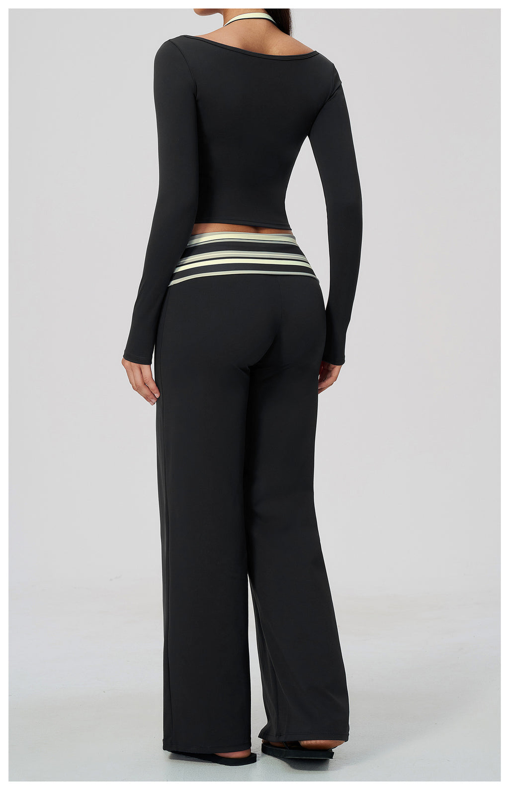 Women 2 Piece Yoga Set Halter Fake Two Piece Long Sleeve Yoga Top and Fold Over Striped Waist Wide Leg Workout Pants