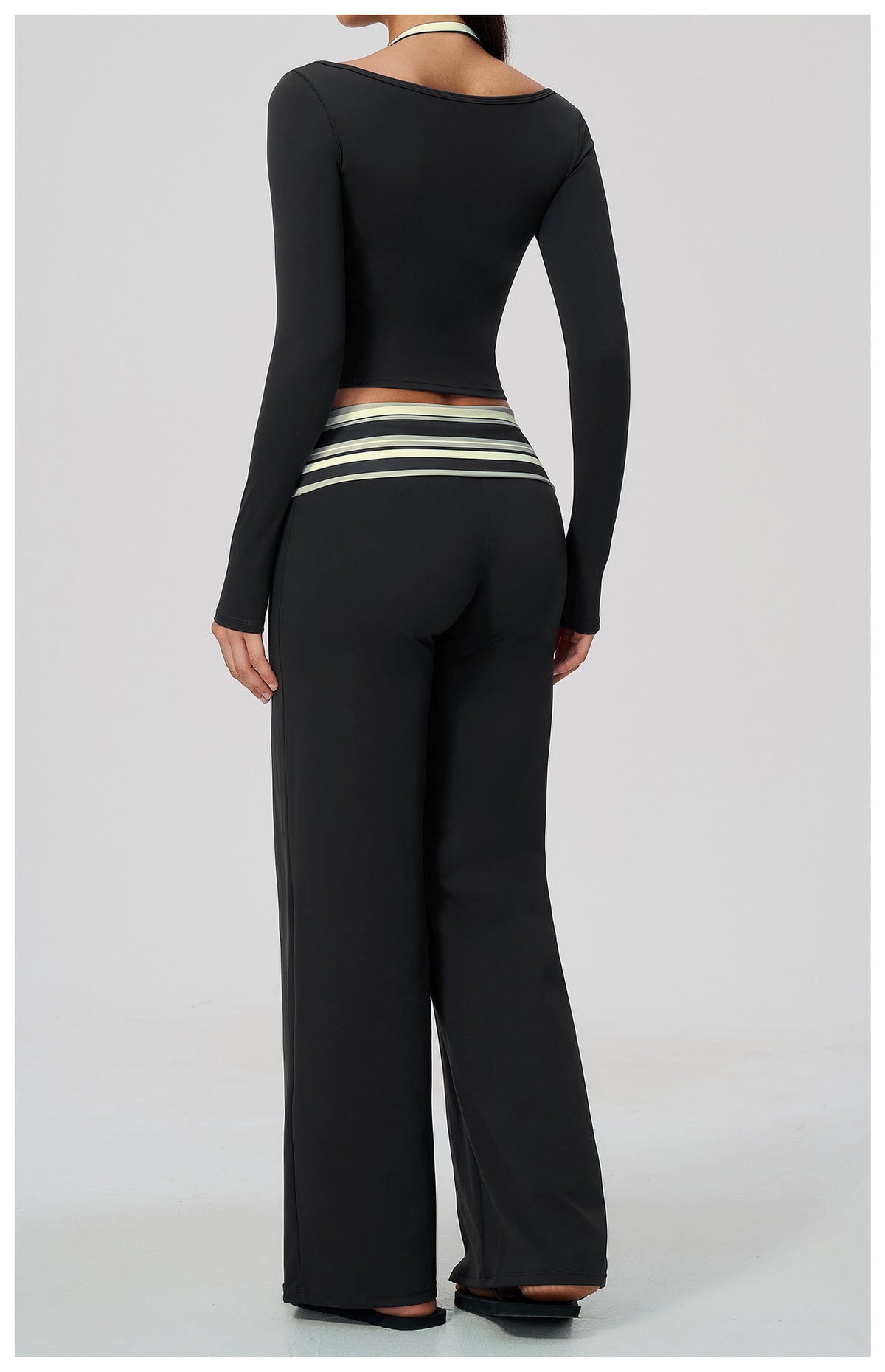 Women 2 Piece Yoga Set Halter Fake Two Piece Long Sleeve Yoga Top and Fold Over Striped Waist Wide Leg Workout Pants