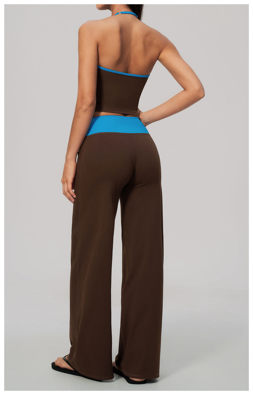 Women Two Piece Color Block Halter Yoga Set V Neck Crop Workout Top Wide Leg Yoga Pants