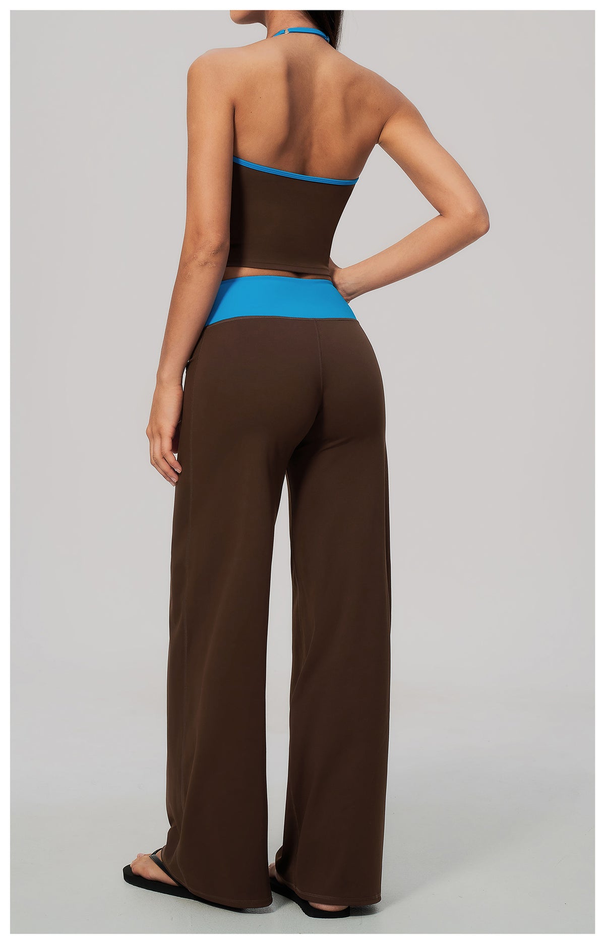 Women Two Piece Color Block Halter Yoga Set V Neck Crop Workout Top Wide Leg Yoga Pants