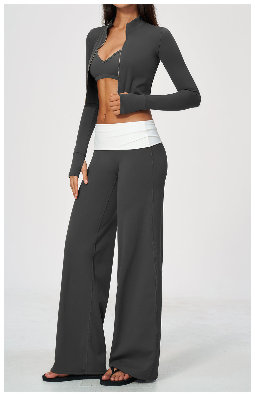 3 Piece Set Deep V-Neck Halter Thin Strap Backless Sports Bra and Stand Collar Full Zip Cropped Running Workout Jacket and High Waisted Wide Leg Yoga Athletic Pants