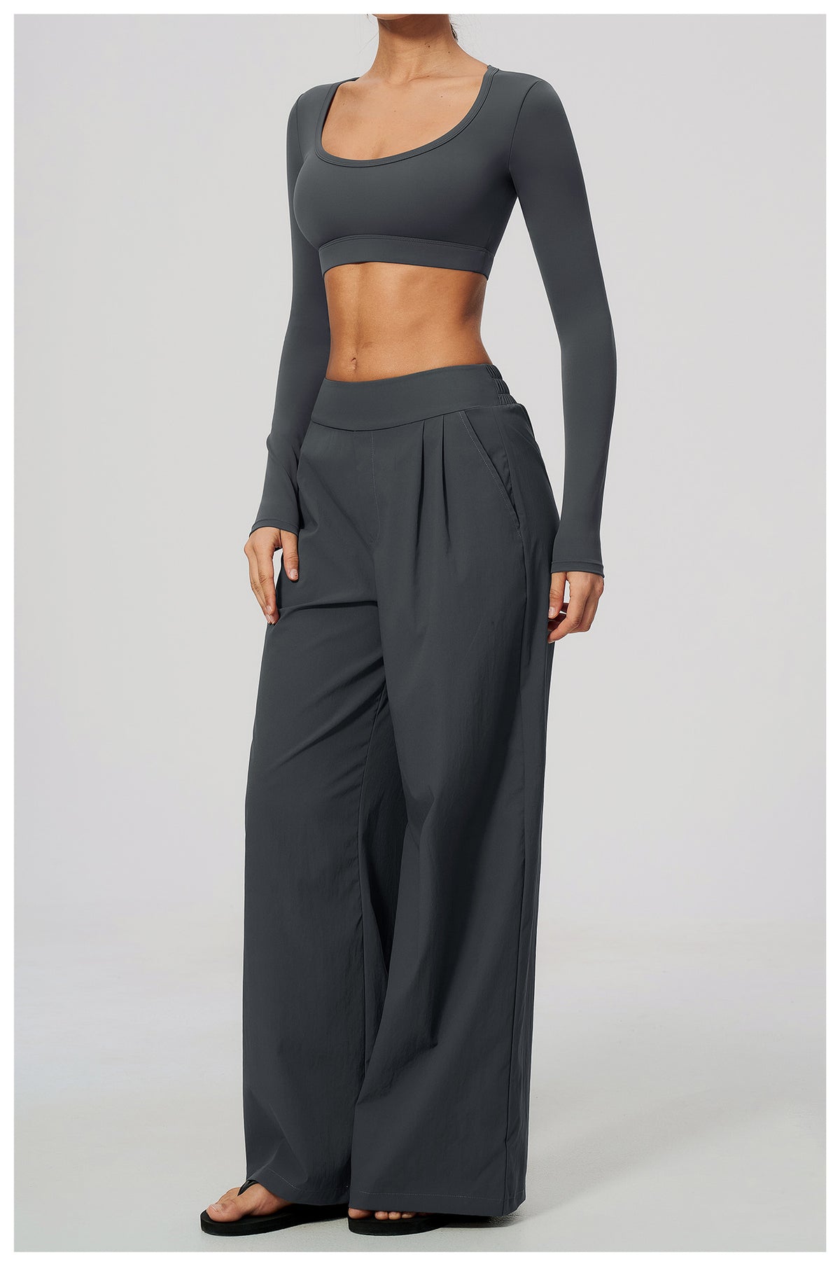 2 Piece Set Women U Neck Long Sleeve Short Workout Top with Removable Padded and High Waist Loose Casual Sports Wide Leg Pants