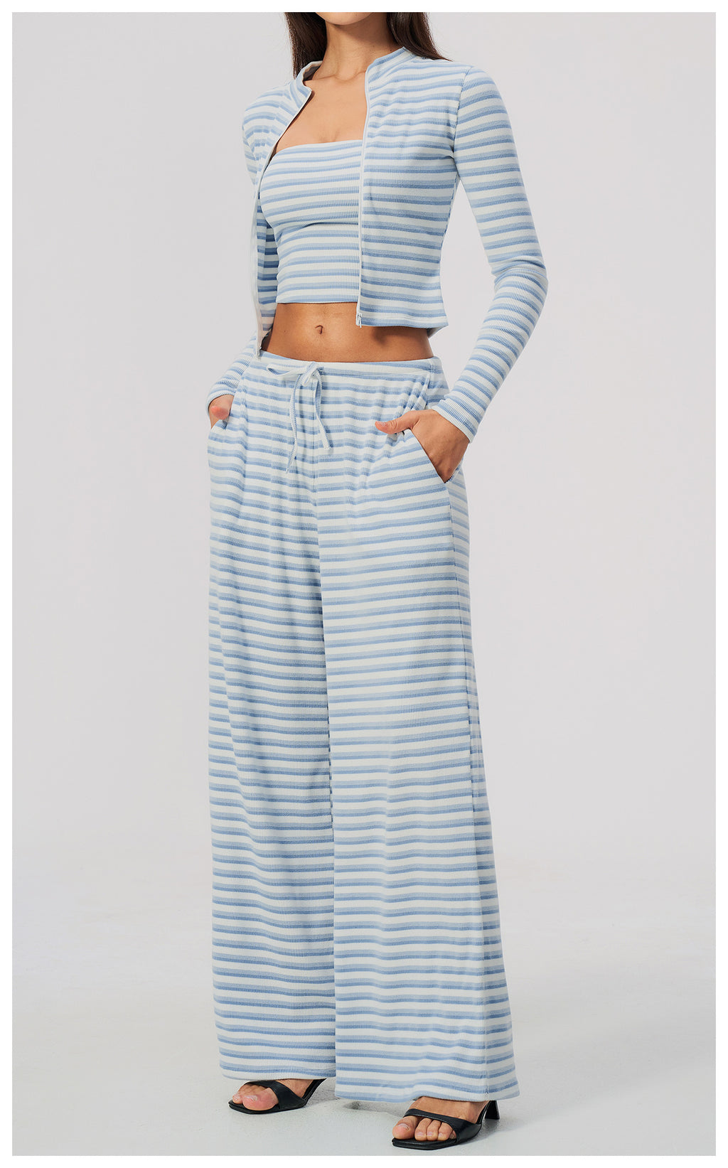 3 Piece Striped Yoga Set Long Sleeve Zip up Jacket Strapless Soft Tube Top Elastic Drawstring Waist Wide Leg Pants Workout Outfit Gym Running Sports Activewear Set