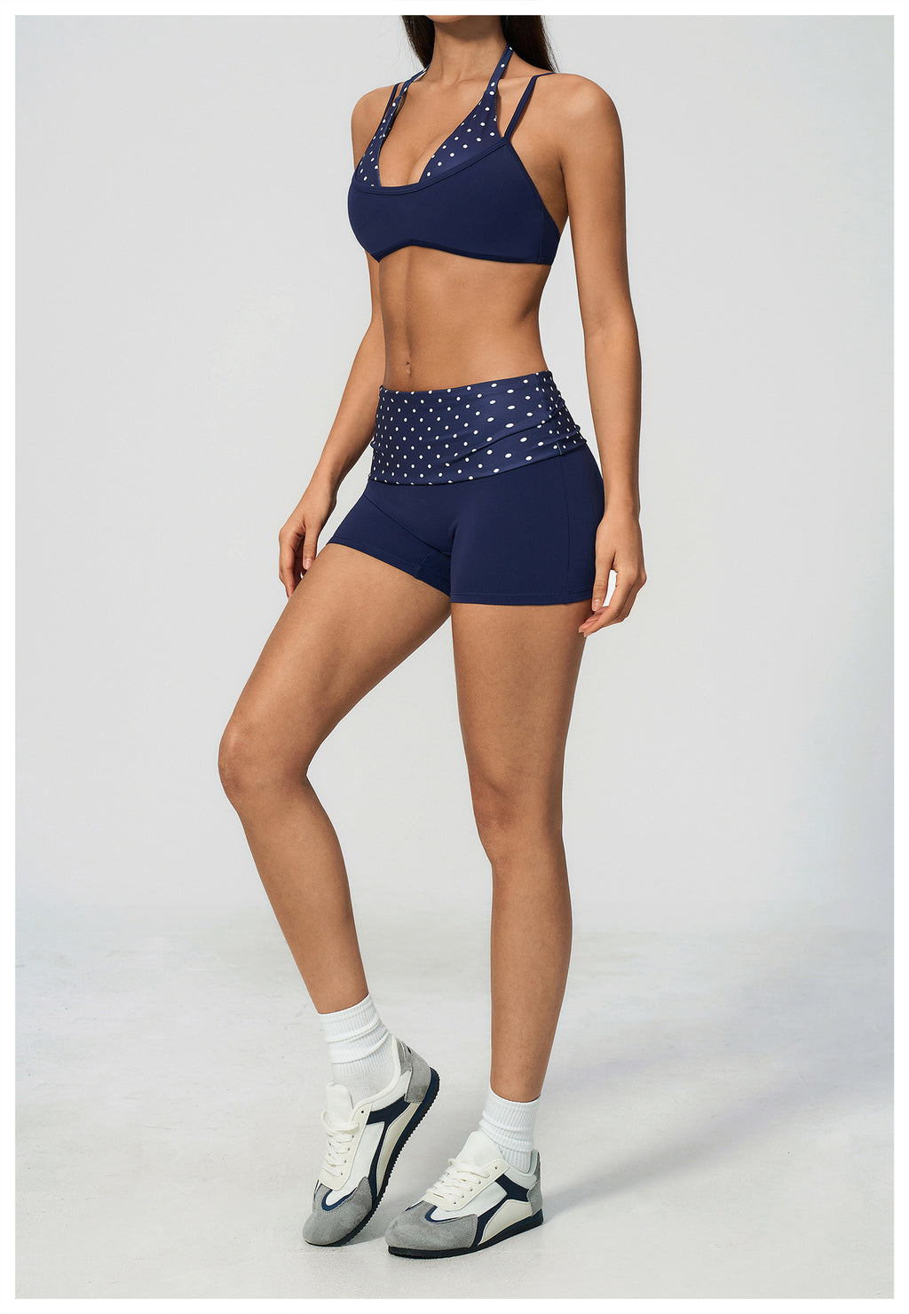 Women 2 Piece Yoga Set Halter Fake Two Piece Sports Bra and Fold Over Striped Waist Biker Shorts