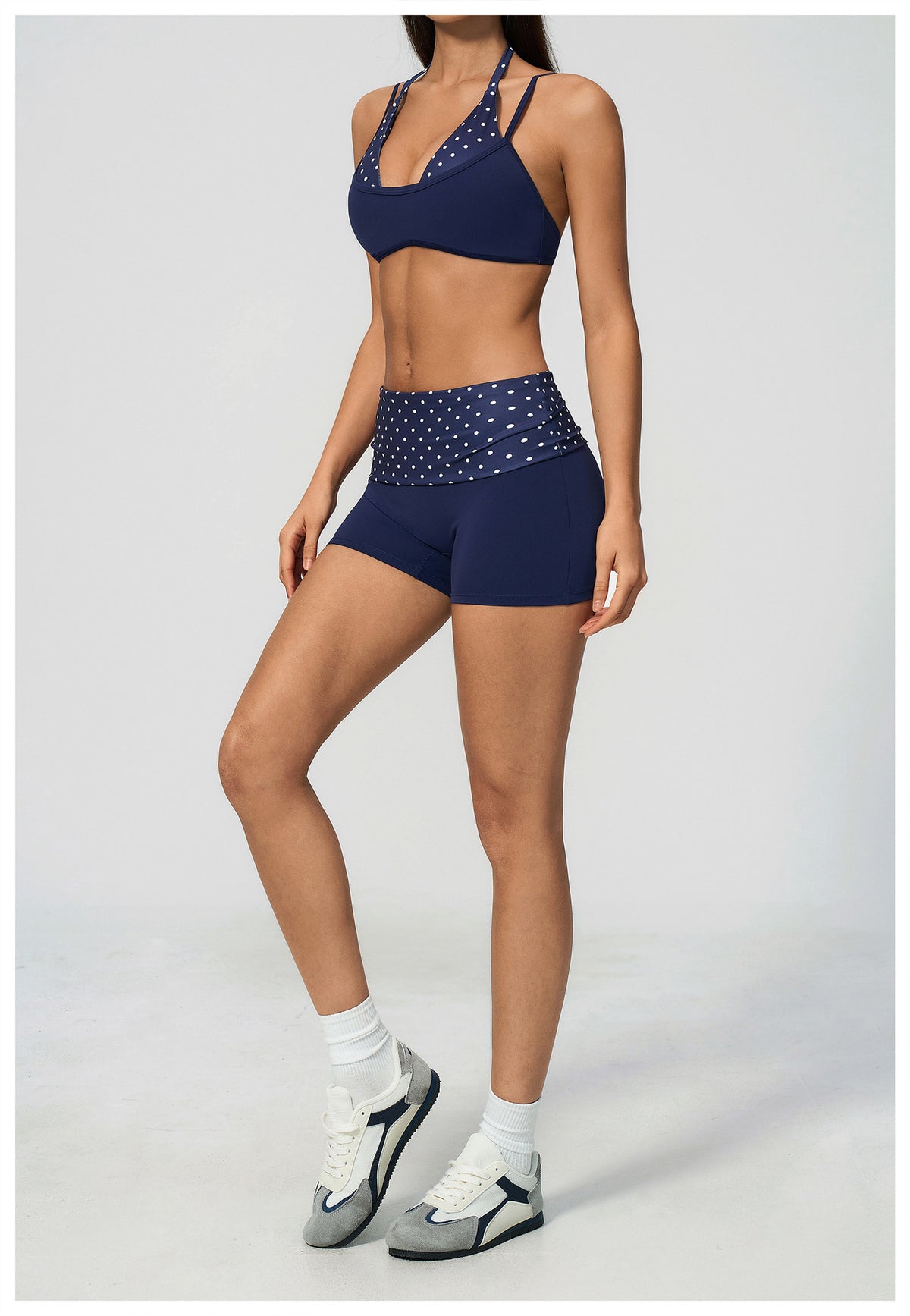 Women 2 Piece Yoga Set Halter Fake Two Piece Sports Bra and Fold Over Striped Waist Biker Shorts