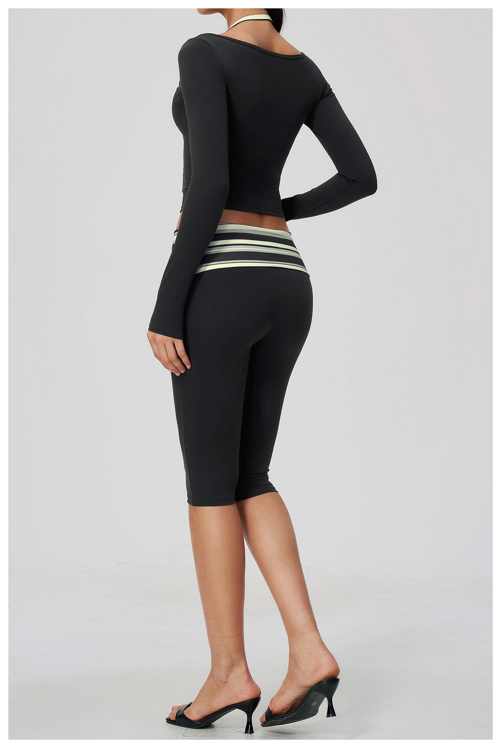 Women 2 Piece Yoga Set Halter Fake Two Piece Long Sleeve Yoga Top and Fold Over Striped Waist Capri Yoga Leggings