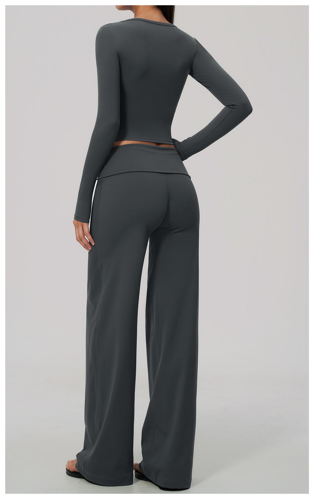 2 Piece Activewear Set U Neck Long Sleeve Crop Yoga Top with Removable Padded and High Waist Wide Leg Yoga Pants