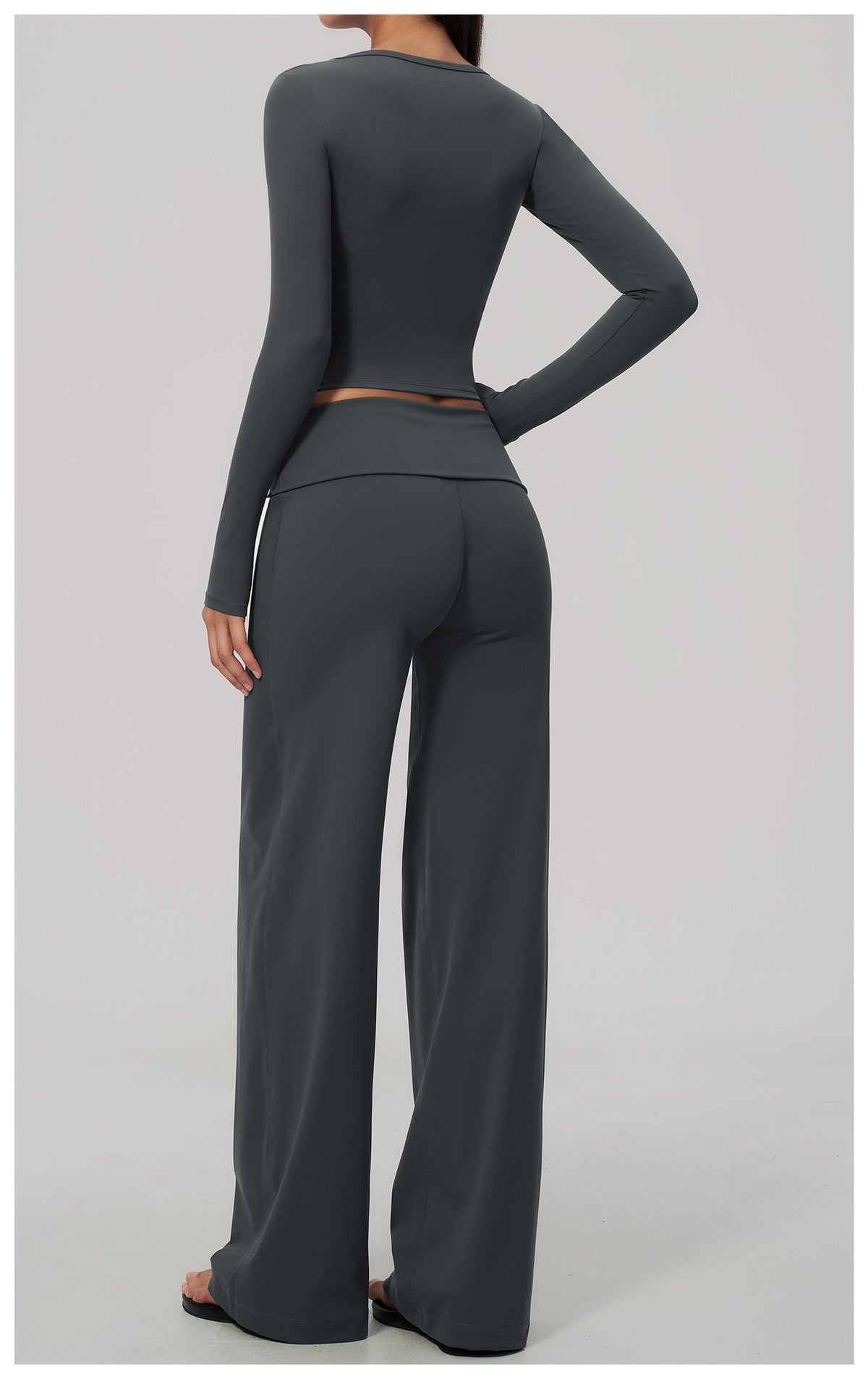 2 Piece Activewear Set U Neck Long Sleeve Crop Yoga Top with Removable Padded and High Waist Wide Leg Yoga Pants