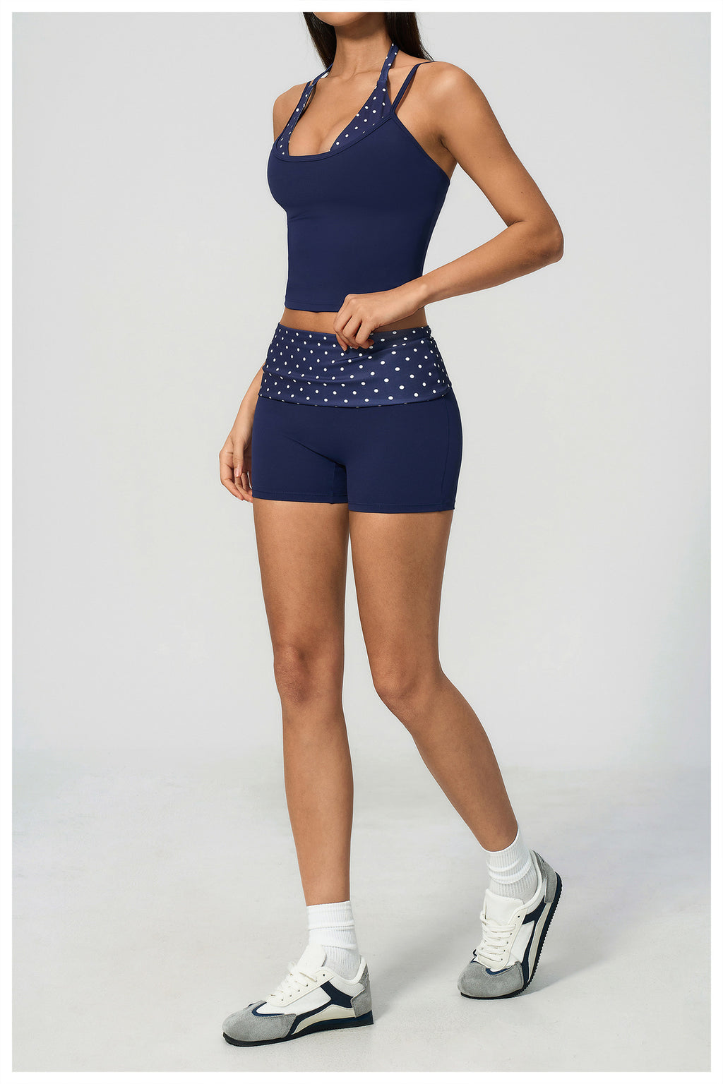 Women 2 Piece Yoga Set Halter Fake Two Piece Yoga Vest and Fold Over Striped Waist Biker Shorts