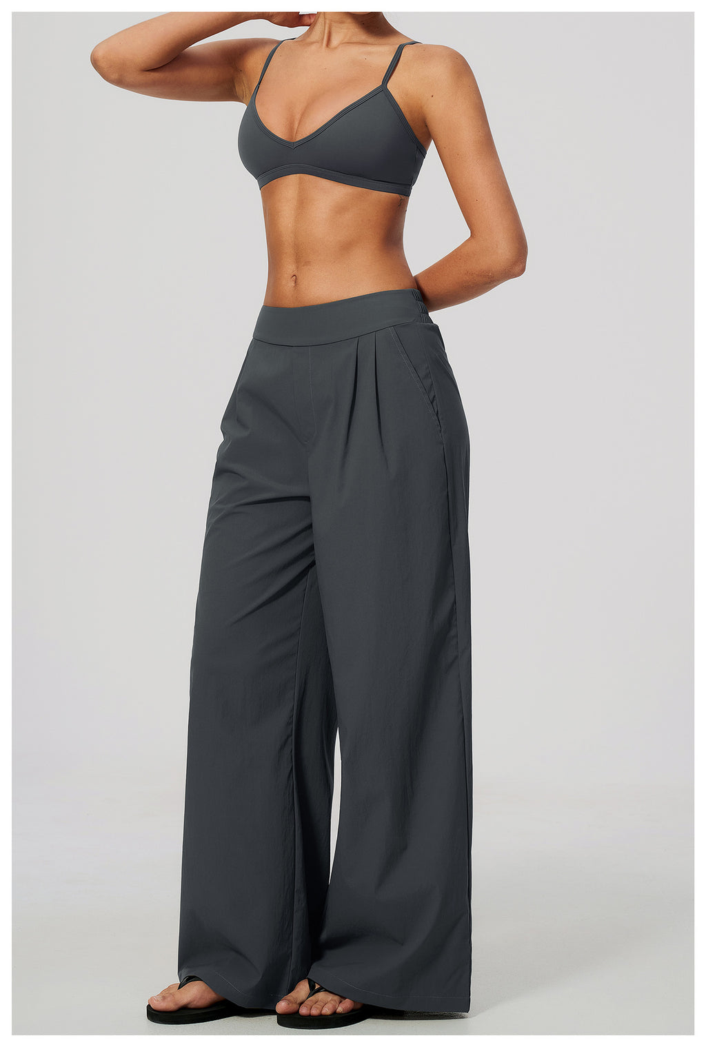 2 Piece Set Women V Neck Twist Back Adjustable Spaghetti Straps Sports Bra and High Waist Loose Casual Sports Wide Leg Pants