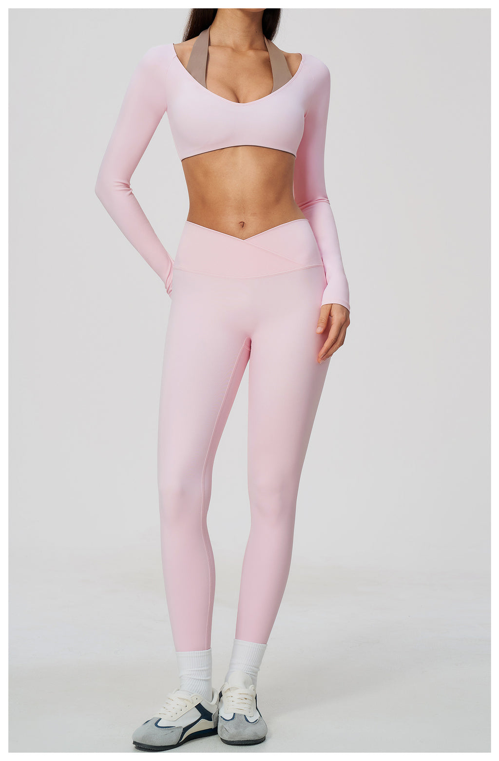 2 Piece Colorblock Halter Long Sleeve Cropped Yoga Top and Cross Waist Yoga Leggings Set